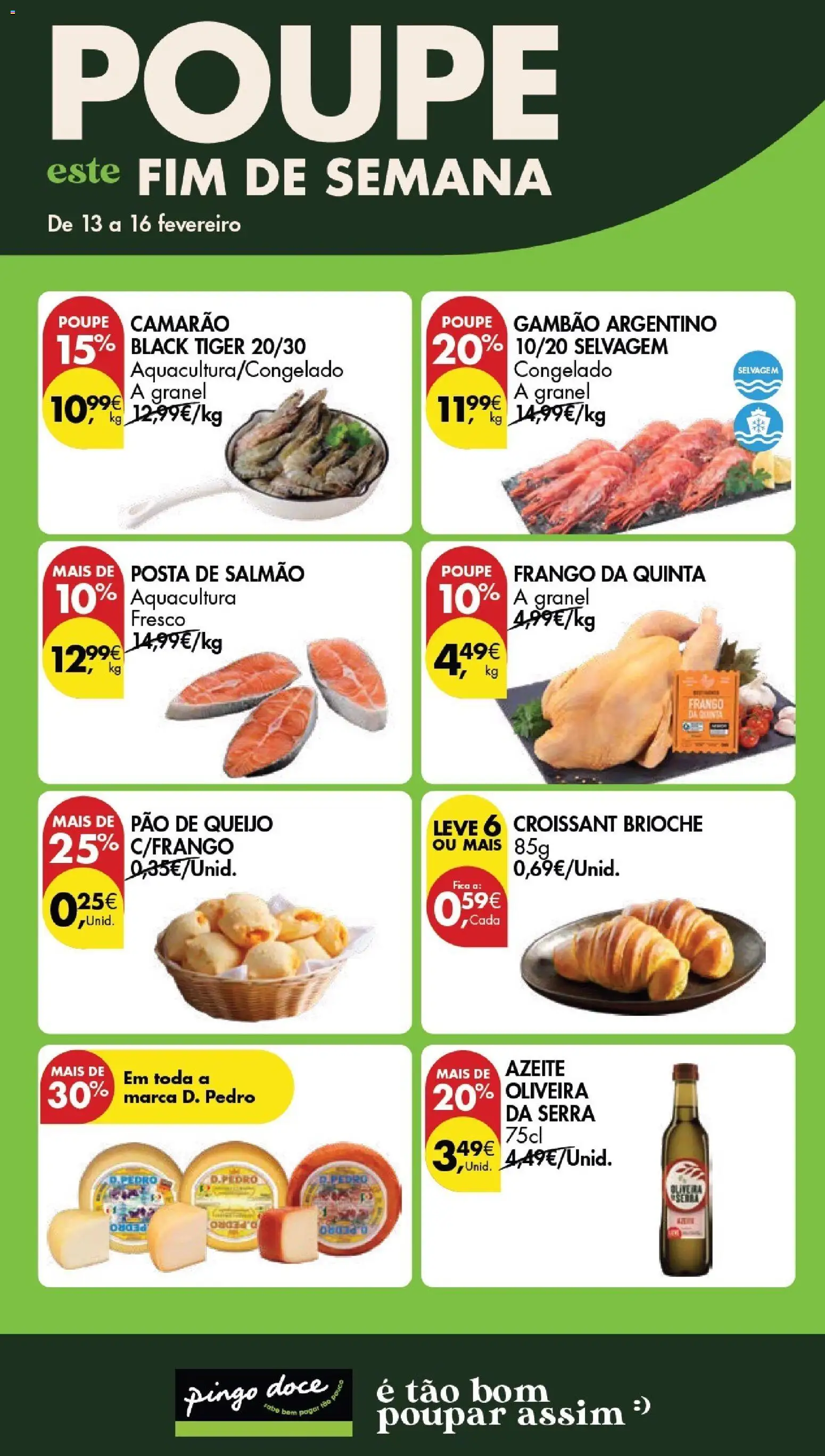 Pingo Doce Poupe este Fim de Semana │ válido de 13.02.2026 | Página: 1 | Produtos: Camarão, Salmão, Queijo, Pão