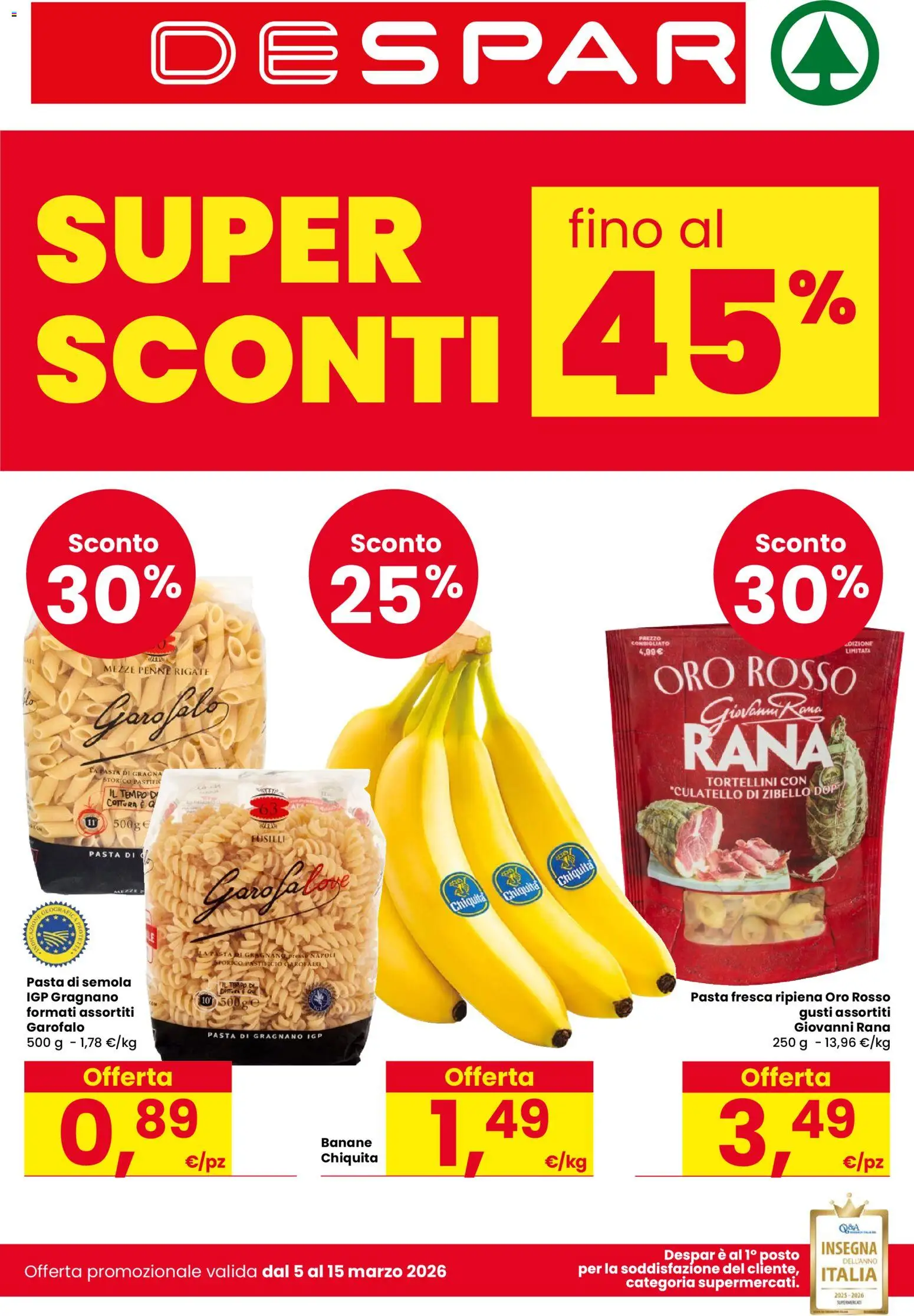 Volantino Despar del 05.03.2026 | Pagina: 1 | Prodotti: Banane, Pasta, Fusilli, Penne