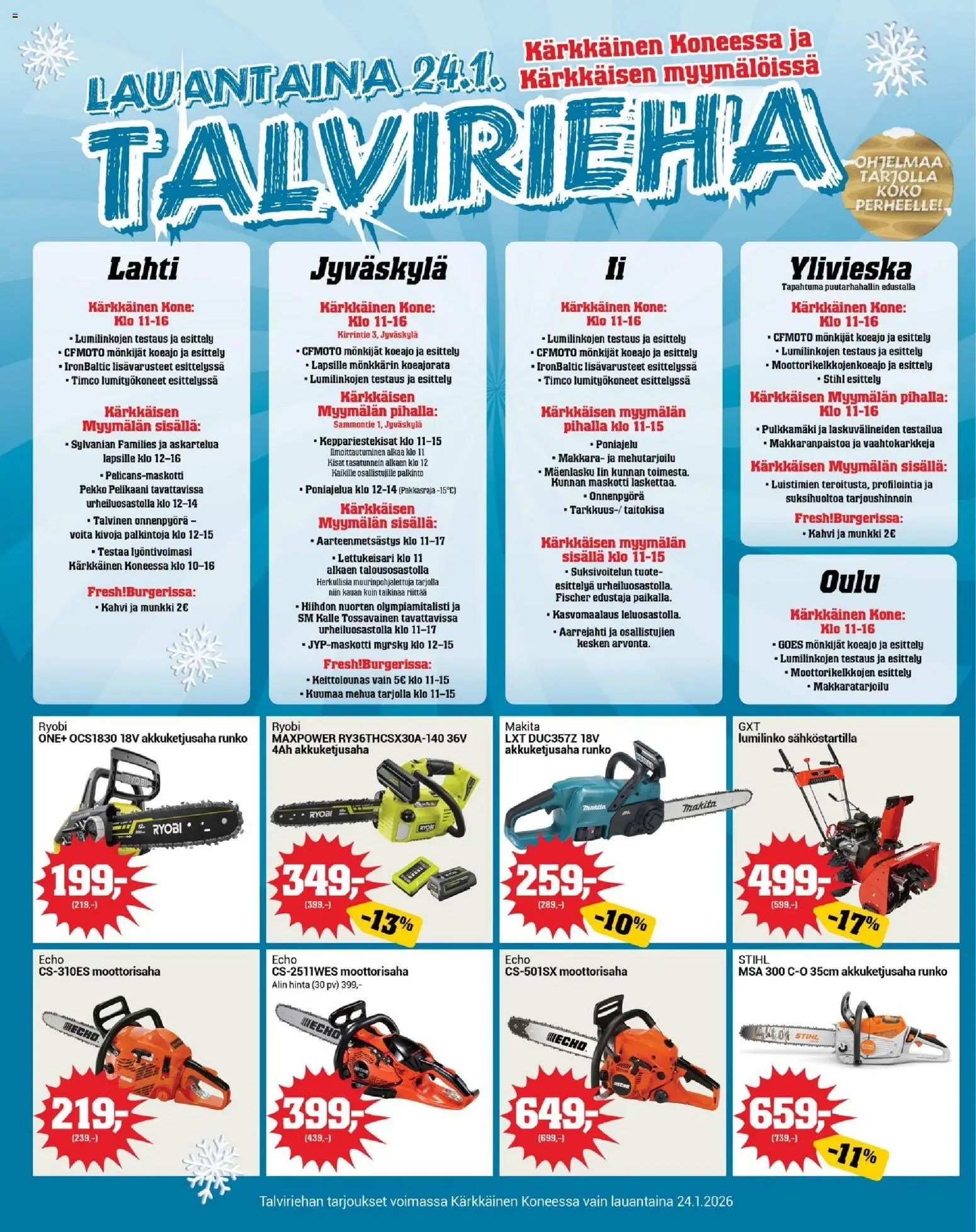 Kärkkäinen tarjoukset – voimassa 21.01.2026 alkaen | Sivu: 19 | Tuotteet: Lumilinko, Makkara, Moottorisaha, Kahvi