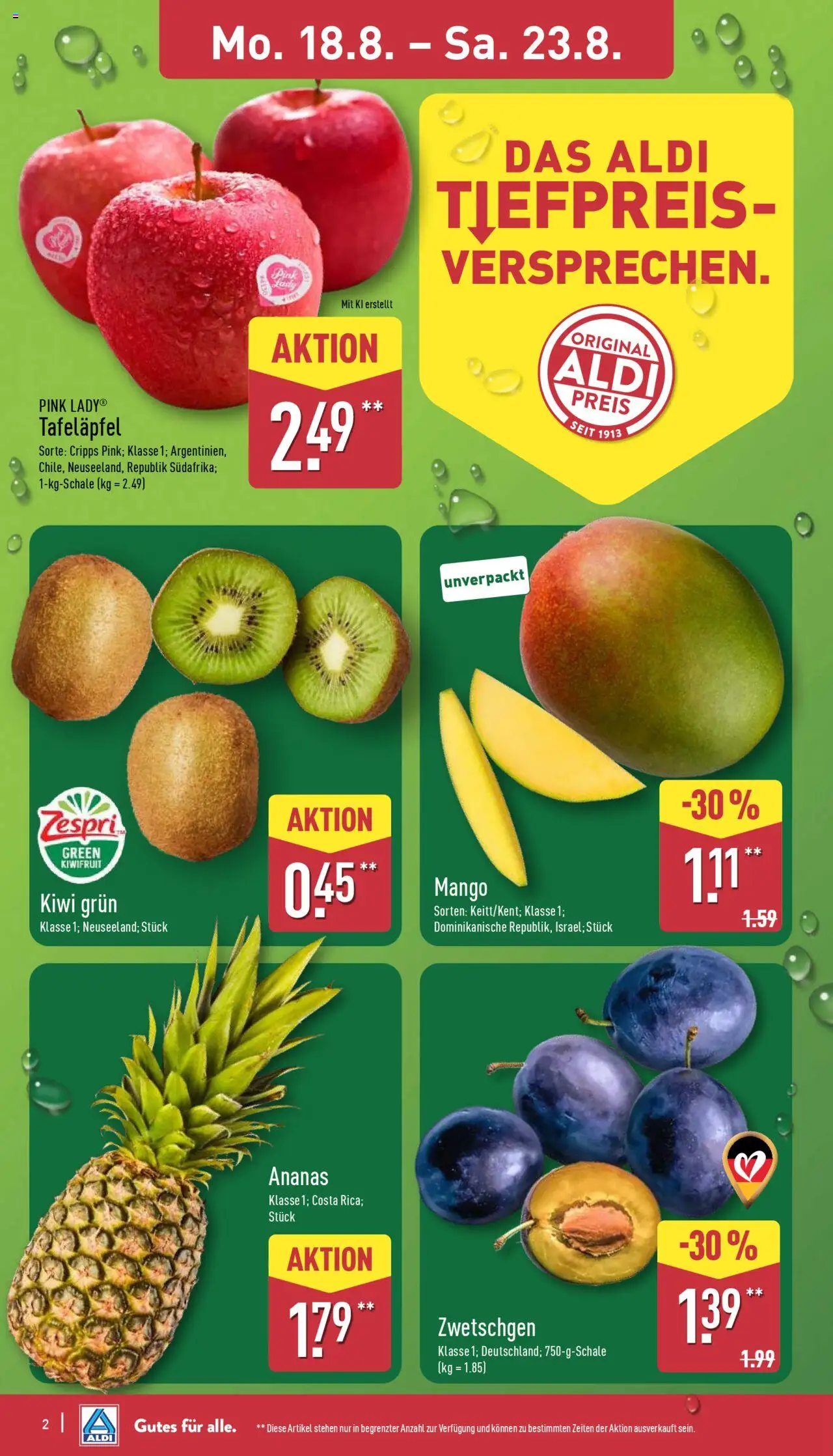 Aldi Prospekt 	 - gültig ab dem 18.08.2025 | Seite: 2 | Produkte: Ananas, Zwetschgen, Mango, Kiwi