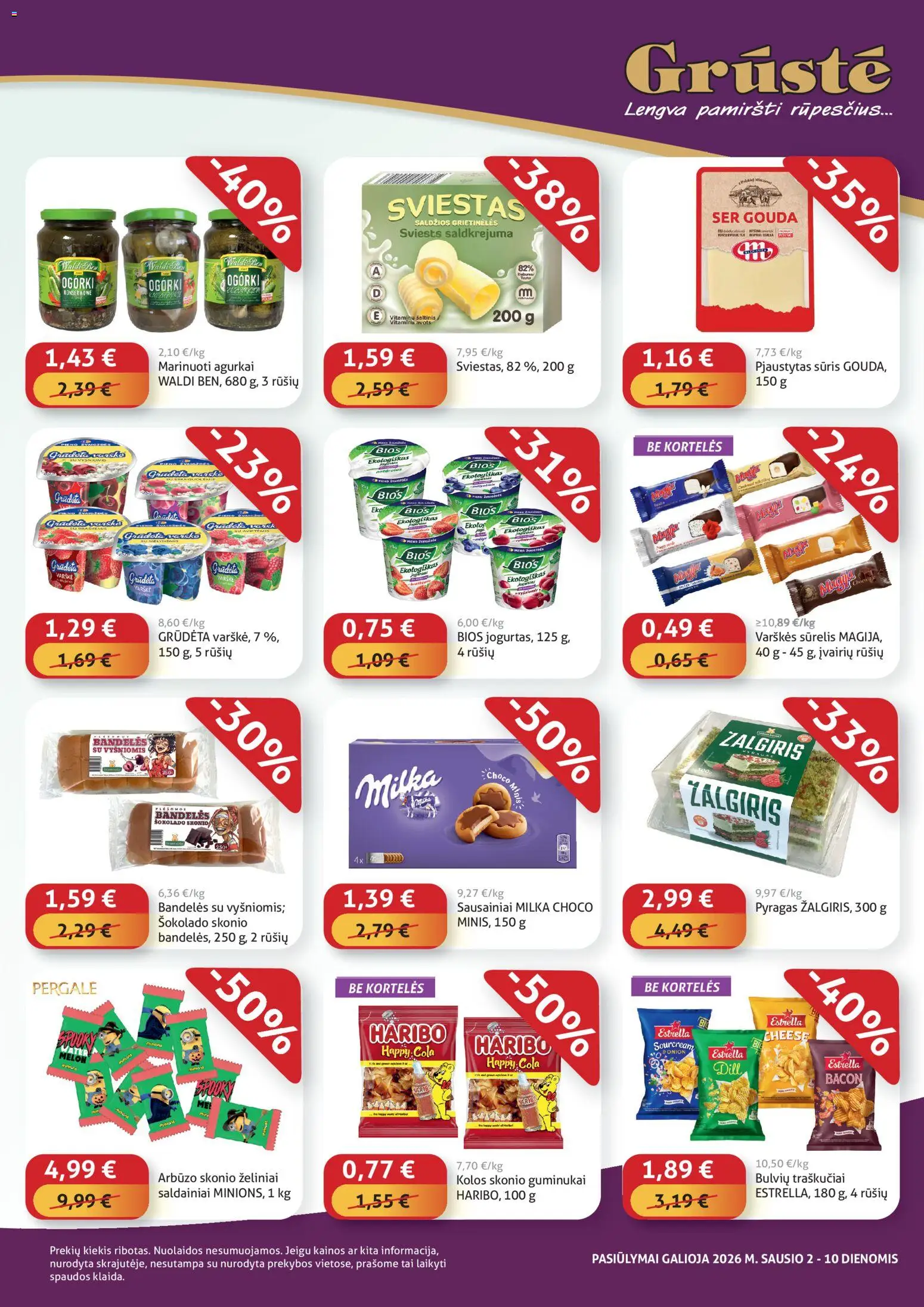 GRUSTE akcijos nuo 02.01.2026 | Puslapis: 3 | Prekių: Sausainiai, Agurkai, Bandelės, Sūris