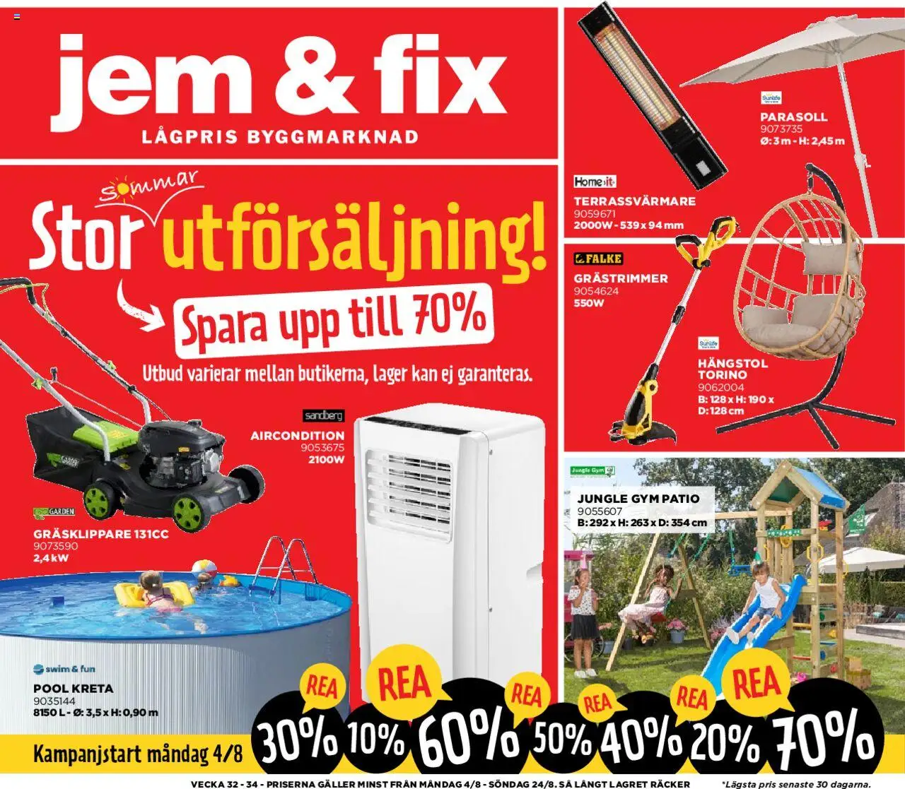 Jem & Fix reklamblad aktuell från 04.08.2025 | Sida: 1 | Produkter: Parasoll, Pool, Gräsklippare, Grästrimmer