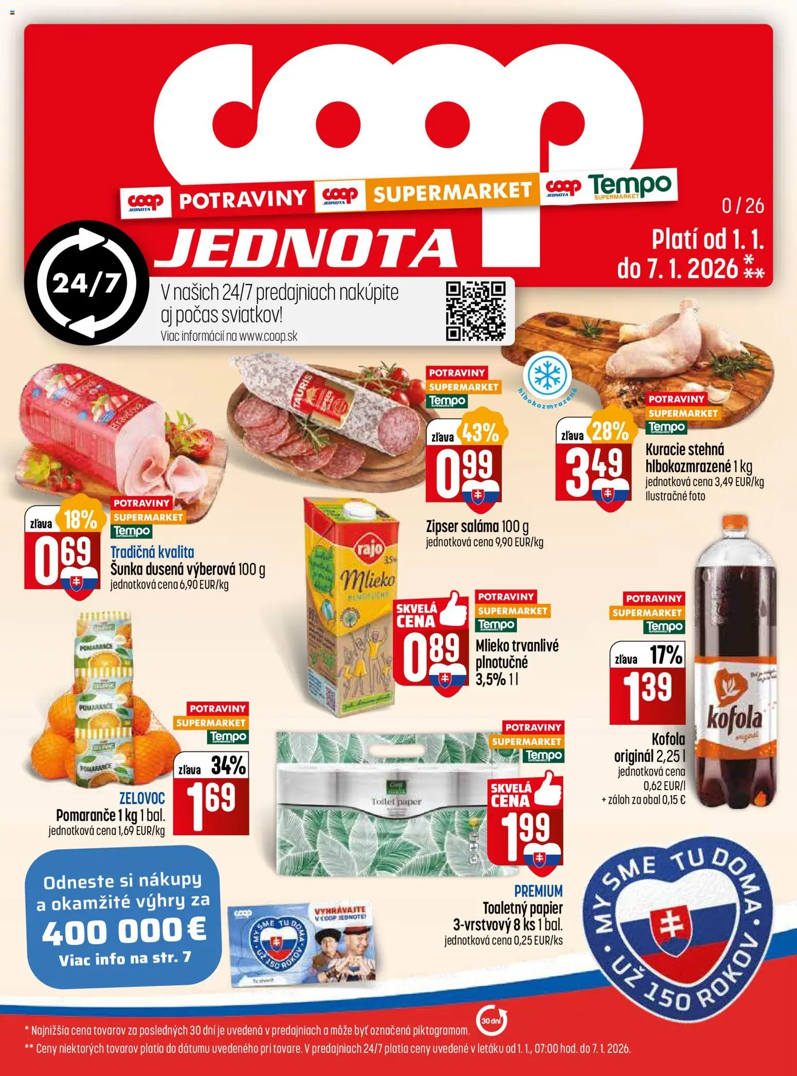 Nové COOP Jednota akcie – leták je platný od 01.01.2026 | Strana: 1 | Produkty: Saláma, Kofola, Toaletný papier, Kuracie stehná
