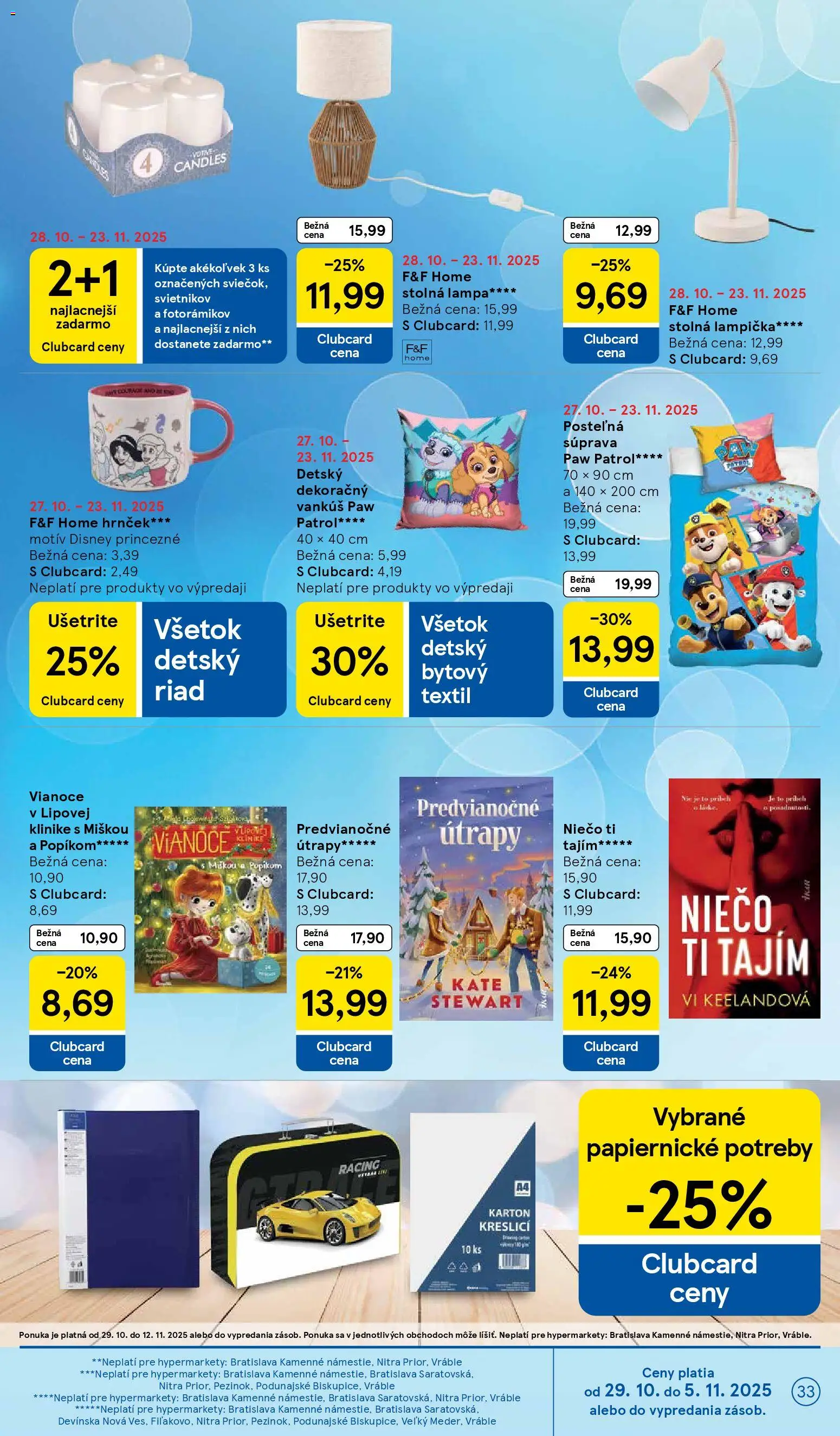 Nové Tesco akcie – leták je platný od 29.10.2025 | Strana: 33 | Produkty: Vankúš, Lampa, Stolná lampa