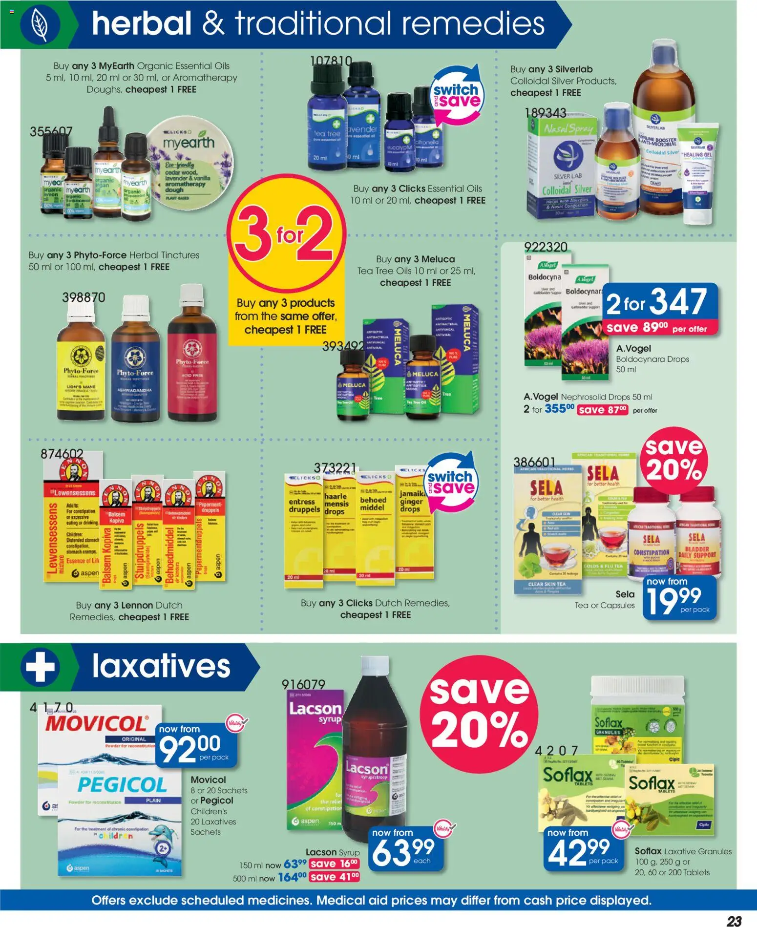 New Clicks catalogue – valid from 23.04.2026 | Page: 23 | Products: Powder, Tea, Syrup, Nasal spray