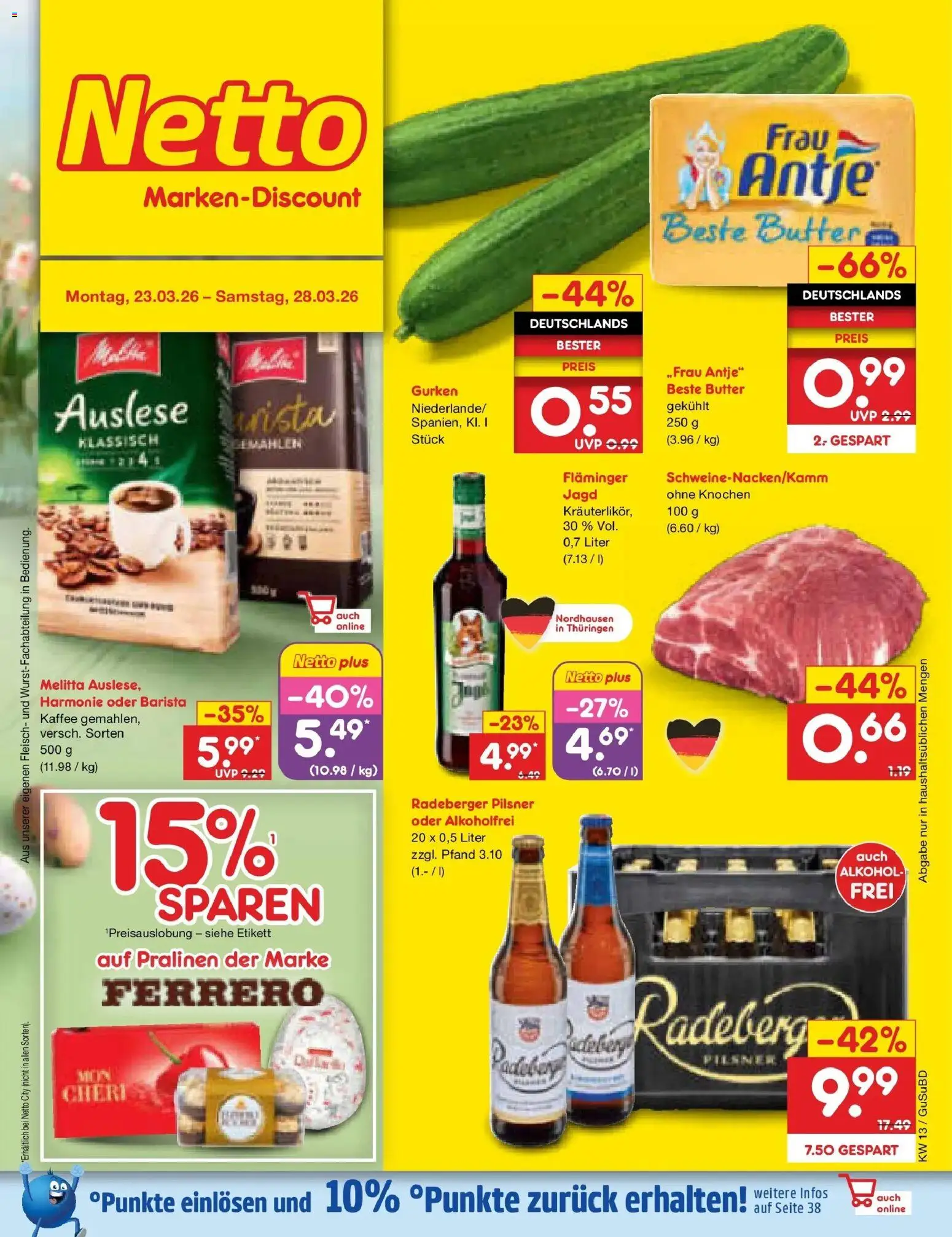 Netto Marken-Discount Prospekt Glauchau	 – gültig ab 23.03.2026 | Seite: 1 | Produkte: Butter, Kaffee, Gurken, Radeberger pilsner