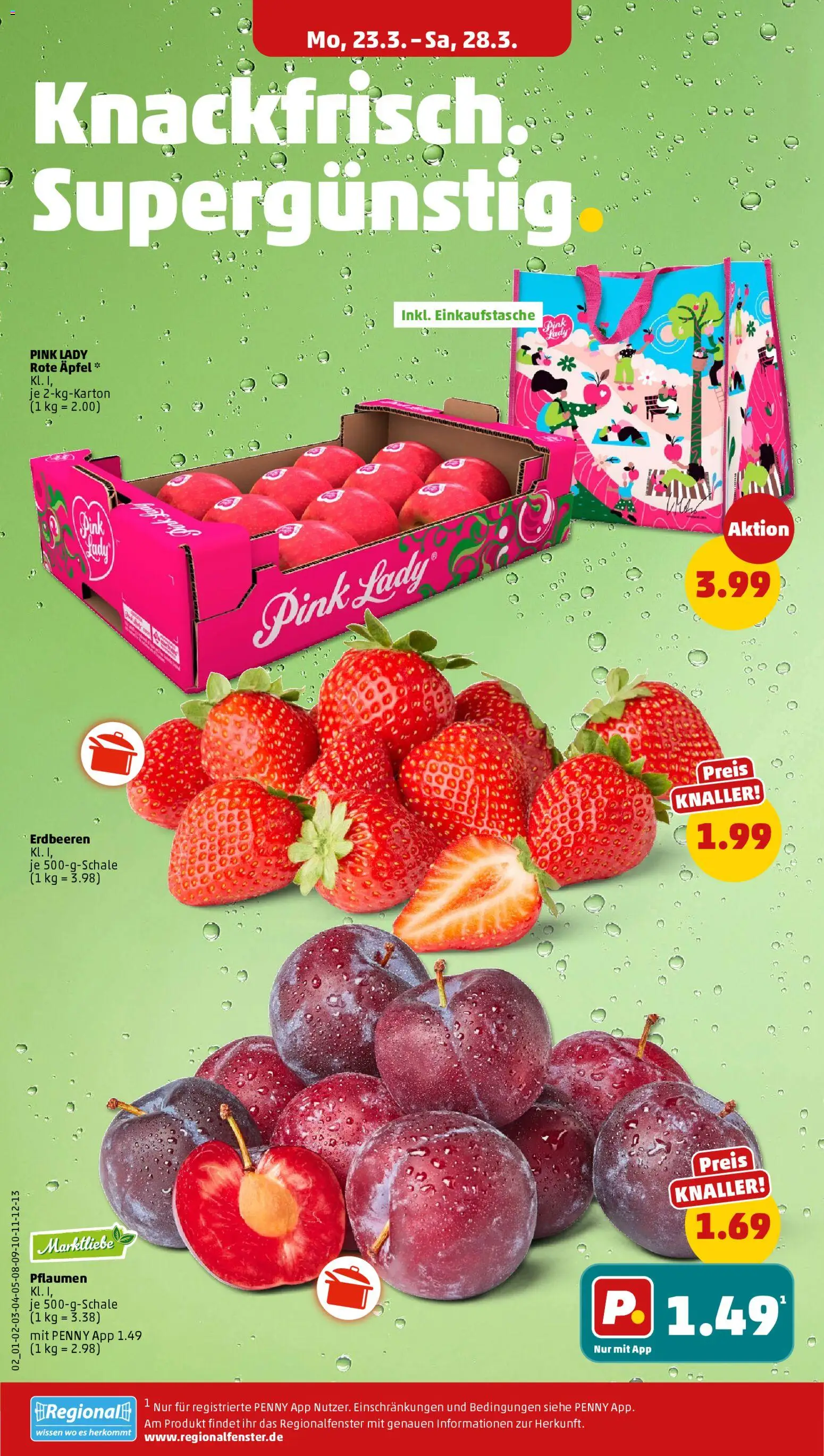 Penny Prospekt 	 – gültig ab 23.03.2026 | Seite: 4 | Produkte: Pflaumen, Äpfel, Erdbeeren