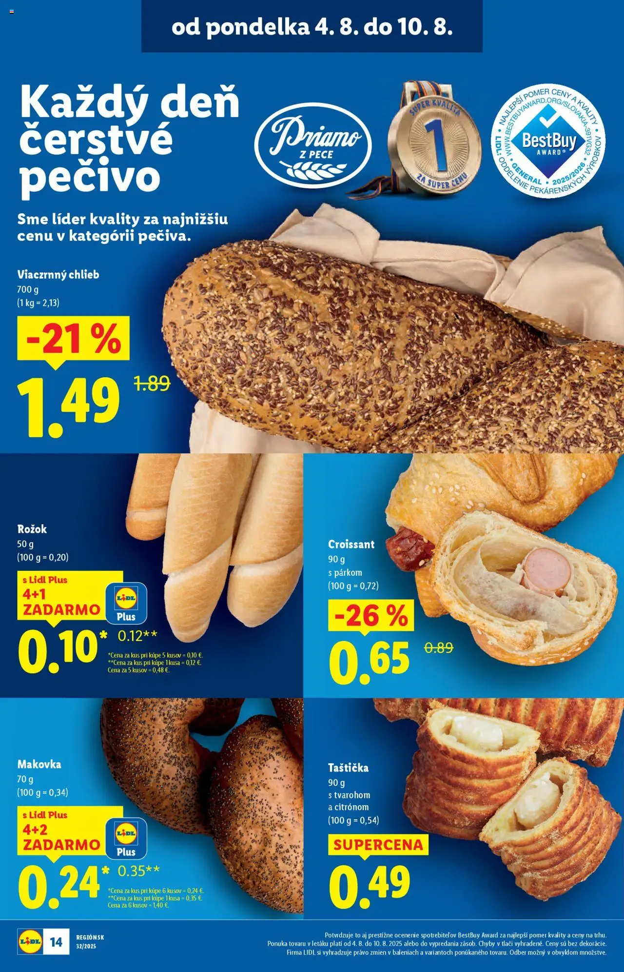Lidl leták │ platný od 04.08.2025 | Strana: 16 | Produkty: Chlieb, Rožok, Croissant, Makovka