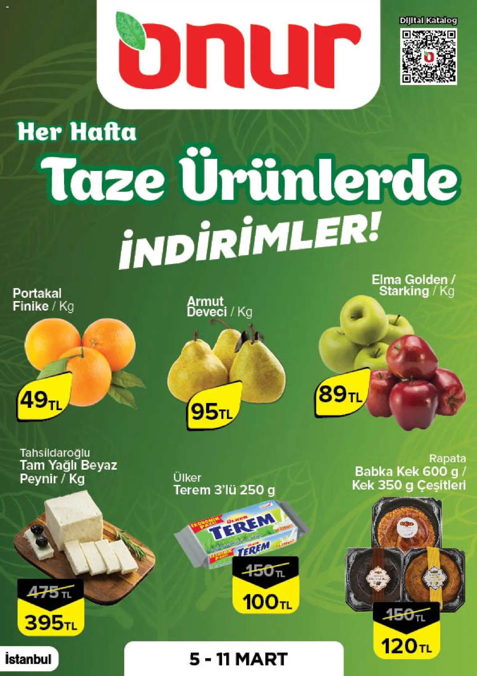 Onur Market - Taze Ürünlerde İndirimler - İstanbul - 05.03.2026 tarihinden itibaren geçerlidir | Sayfa: 1 | Ürünler: Peynir, Elma, Portakal, Armut