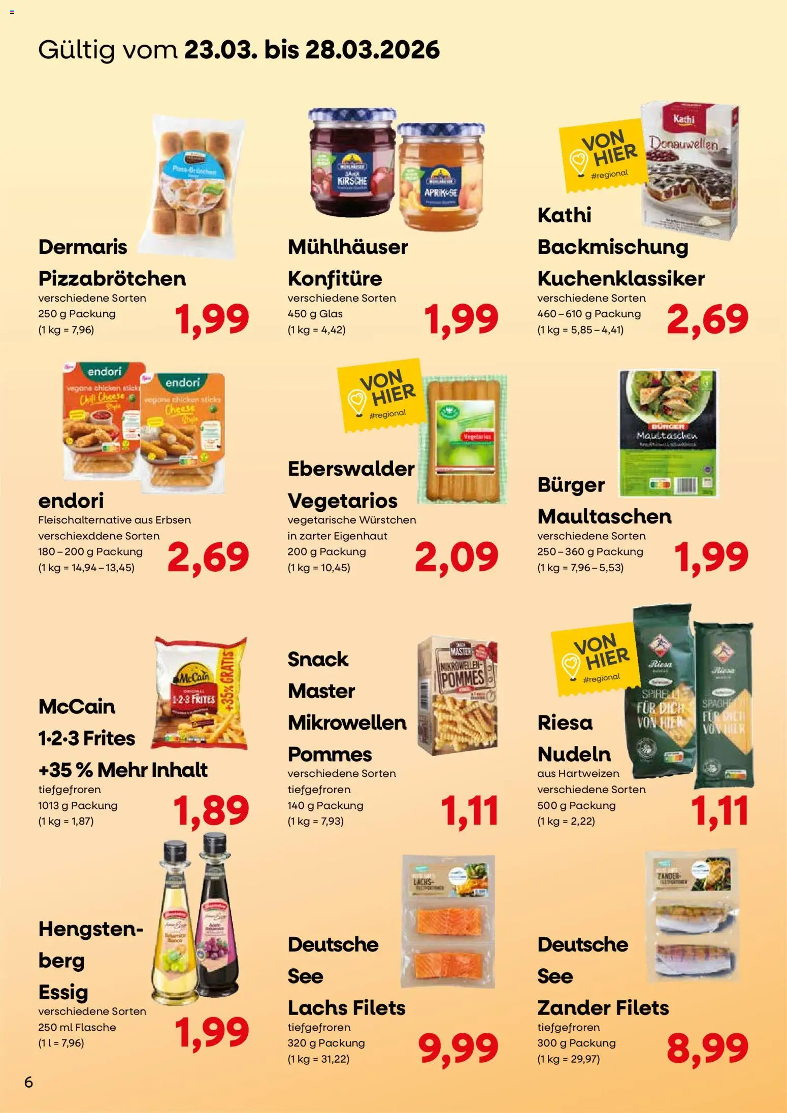 KONSUM Leipzig Kundenjournal – gültig ab 23.03.2026 | Seite: 6 | Produkte: Pommes, McCain, Lachs, Erbsen