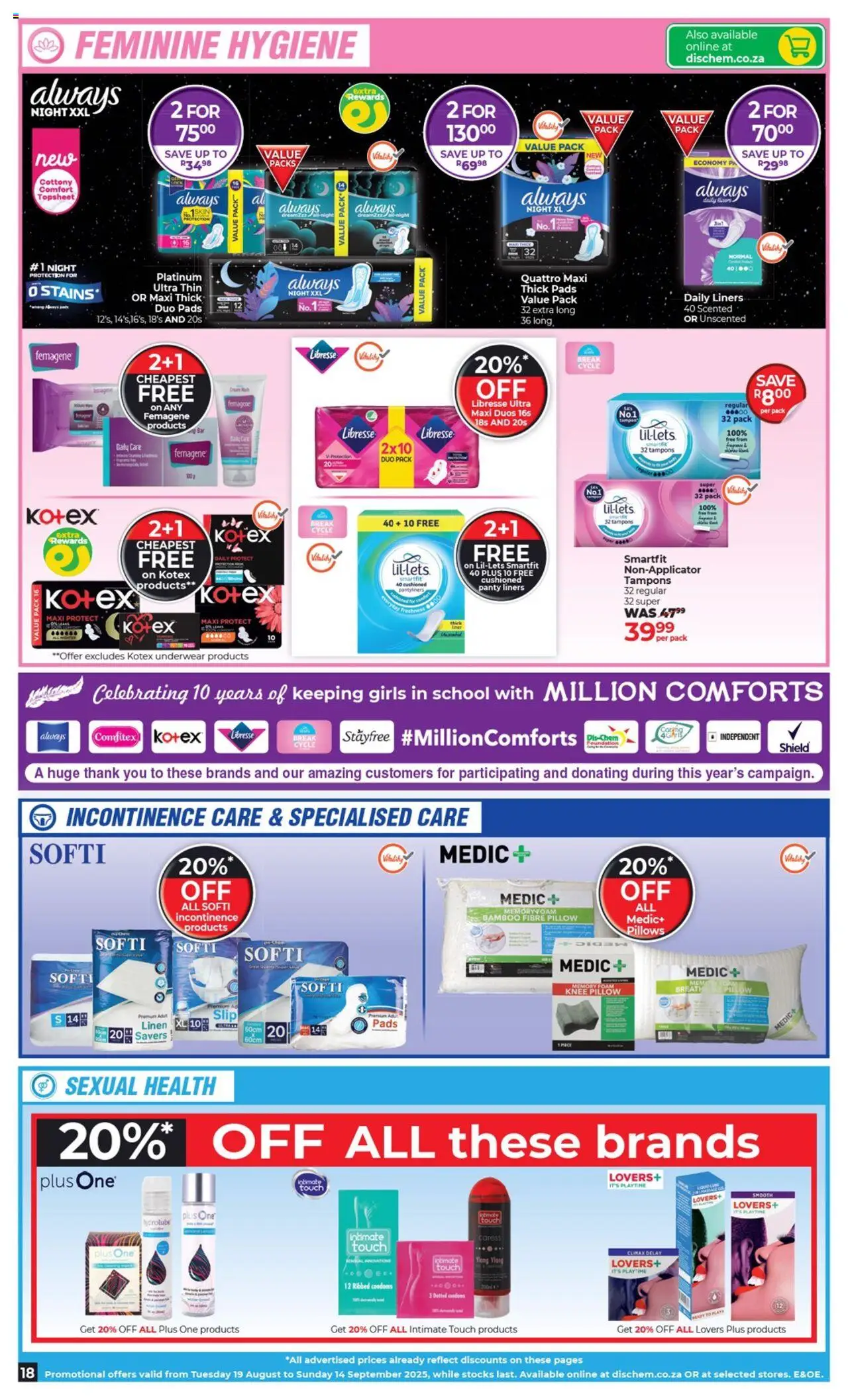 Dis-Chem Specials │ valid from 19.08.2025 | Page: 18 | Products: Underwear, Pads, Foam, Panty liners