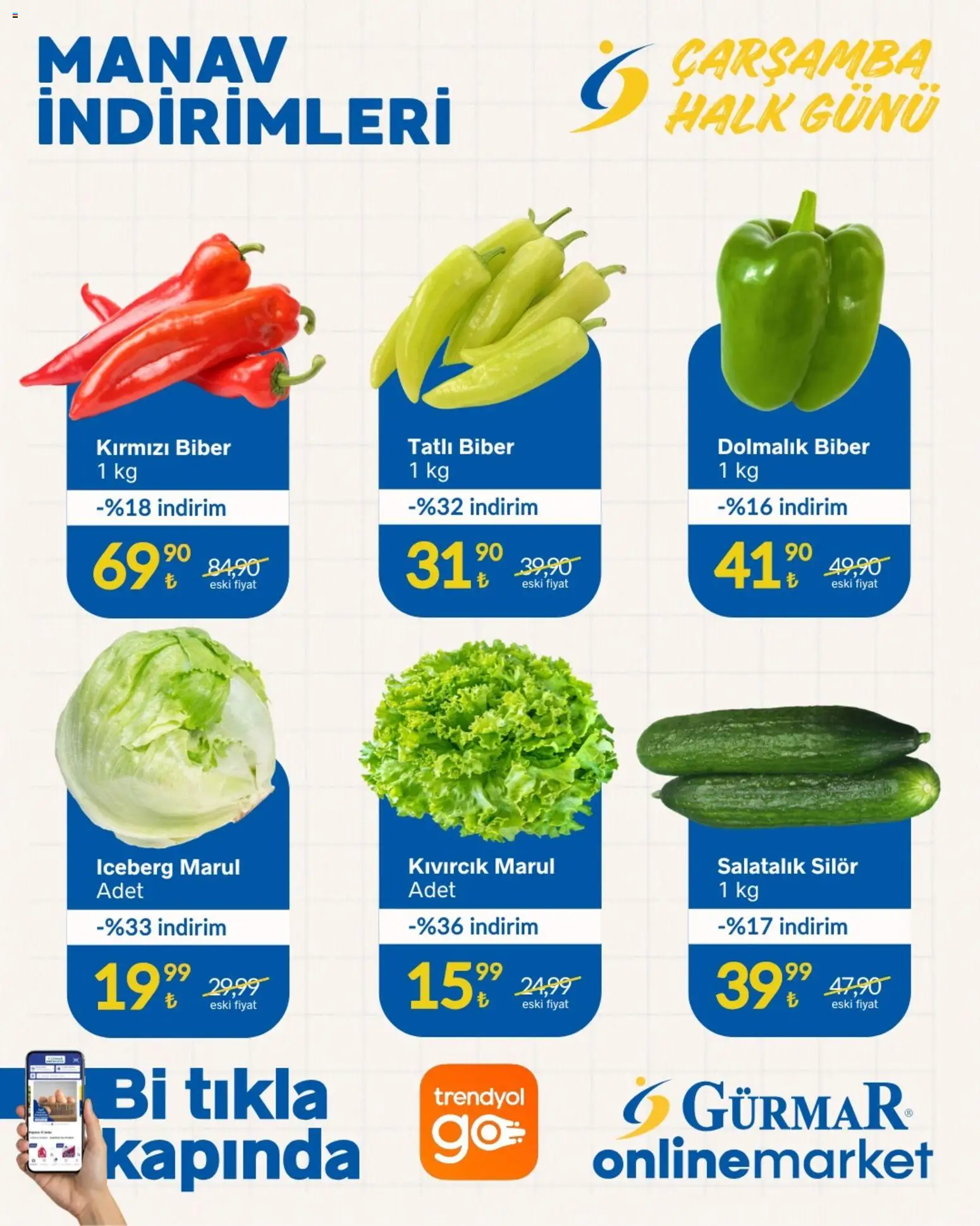 Gürmar - Manav İndirimleri - 10.12.2025 tarihinden itibaren geçerlidir | Sayfa: 1 | Ürünler: Salatalık, Biber, Kırmızı biber, Marul