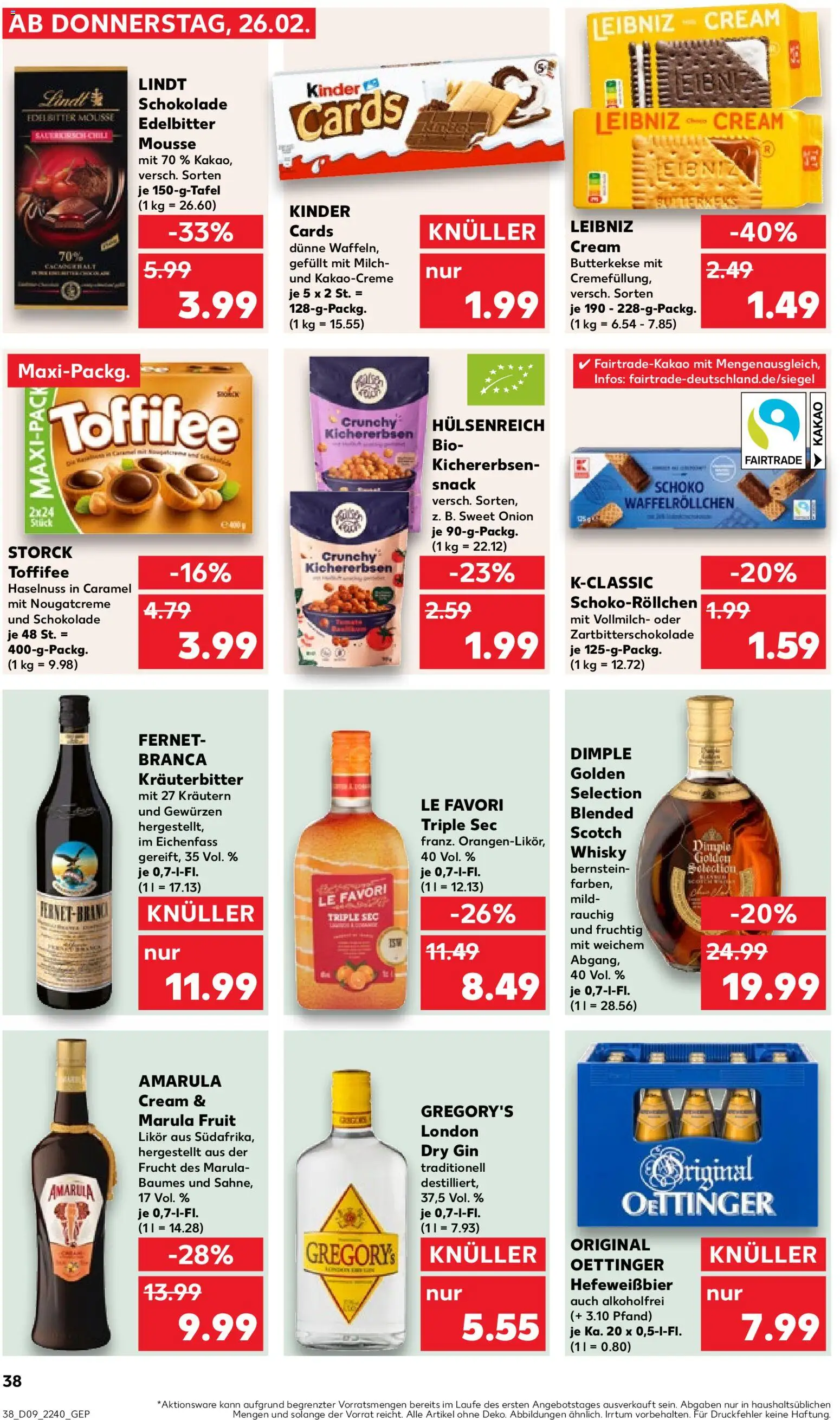 Kaufland prospekt Stuttgart	 – gültig ab 26.02.2026 | Seite: 38 | Produkte: Whisky, Toffifee, Lindt, Fernet branca