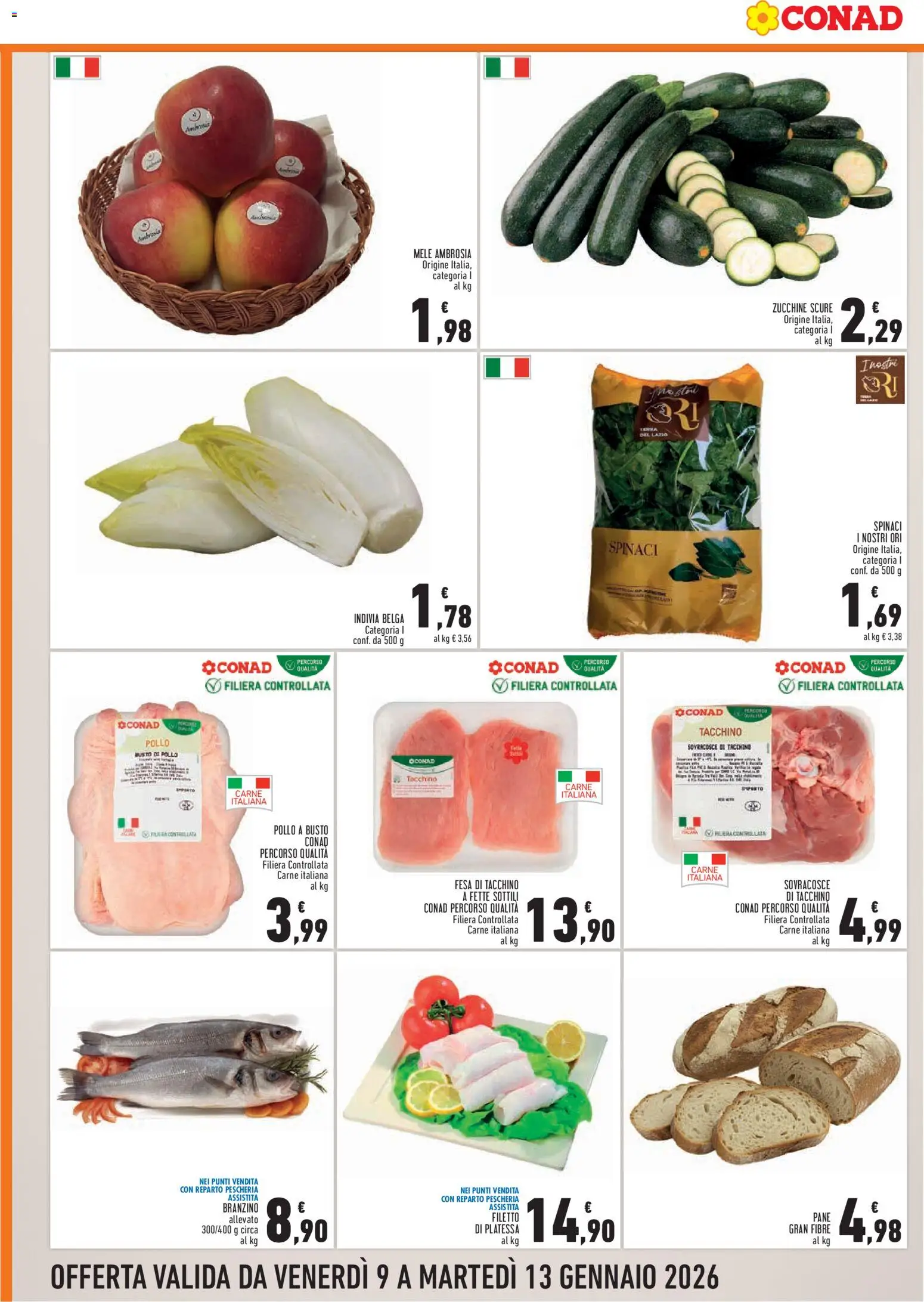 Volantino Conad del 09.01.2026 | Pagina: 2 | Prodotti: Pollo, Branzino, Zucchine, Indivia