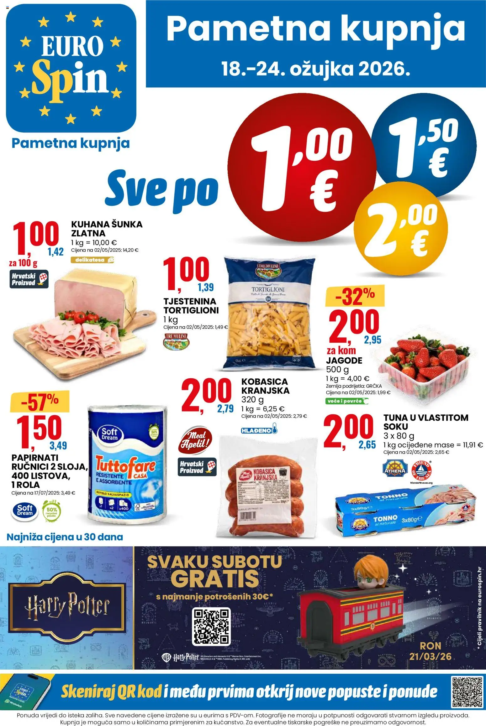 Eurospin katalog | vrijedi od 18.03.2026 | Stranica: 1 | Proizvodi: Šunka, Papirnati ručnici, Kobasica, Tuna
