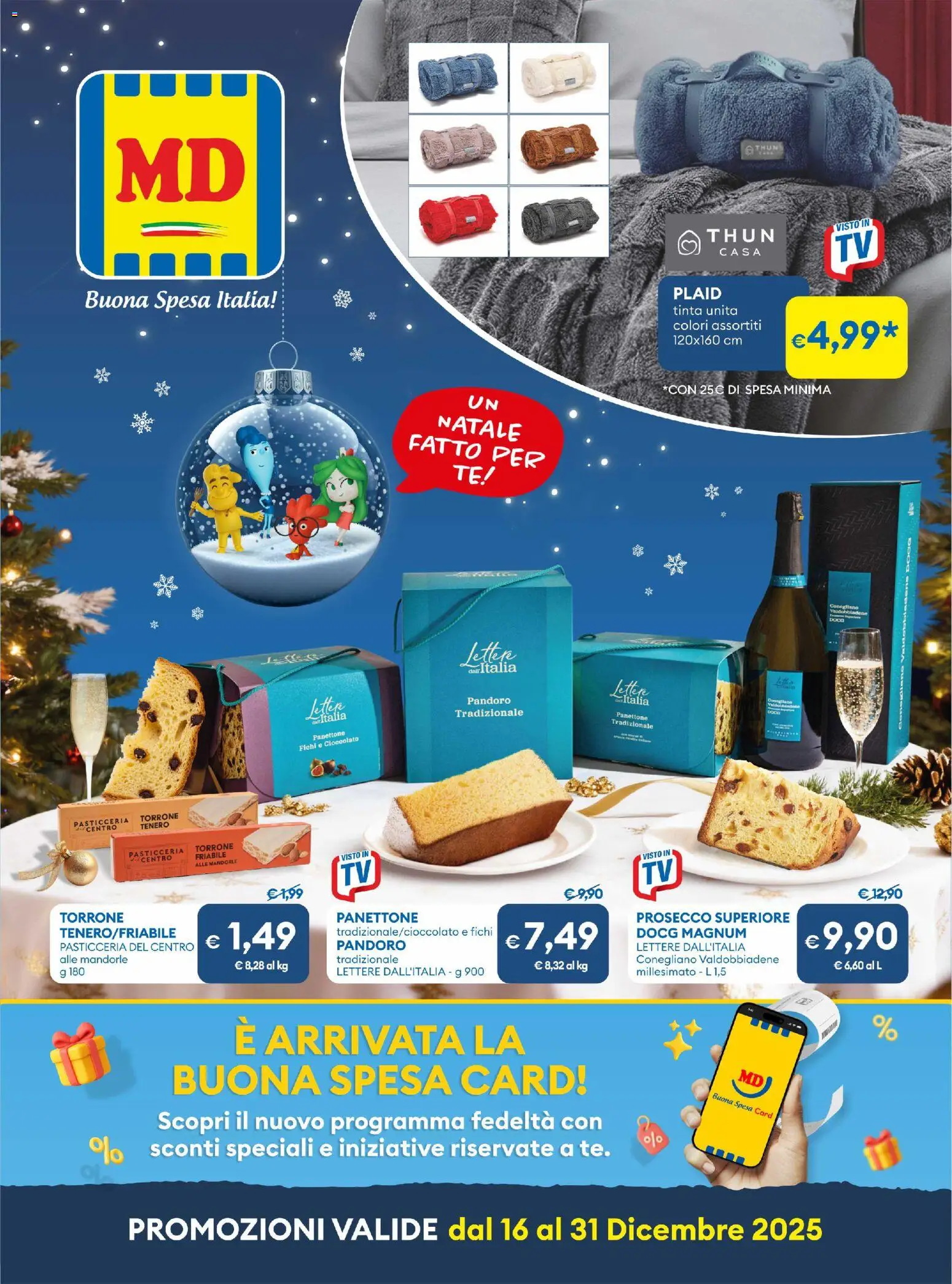 Volantino MD Discount del 16.12.2025 | Pagina: 1 | Prodotti: Plaid, Cioccolato, Prosecco, Panettone
