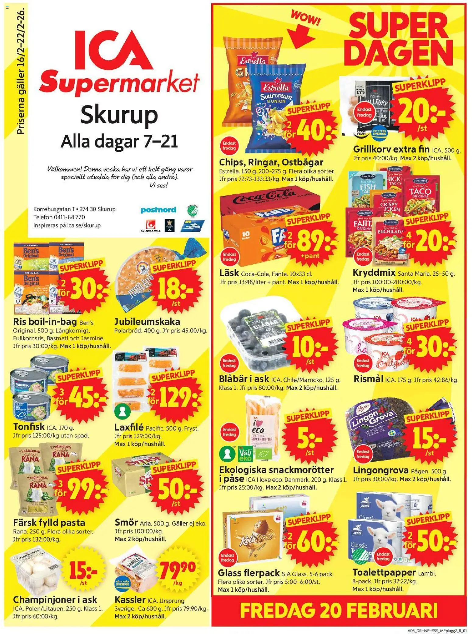 ICA Supermarket reklamblad aktuell från 16.02.2026 | Sida: 1 | Produkter: Grillkorv, Tonfisk, Blåbär, Spel