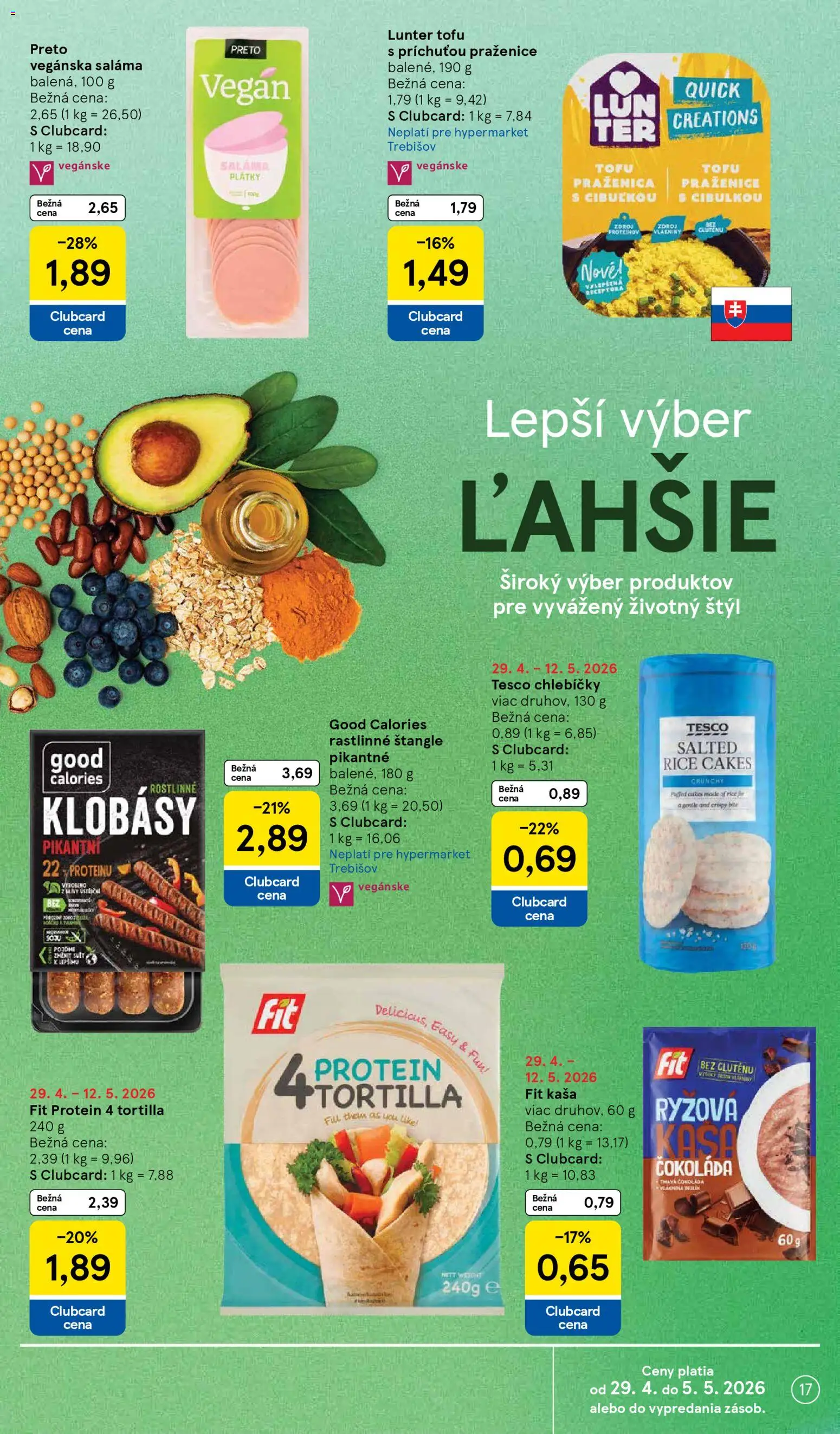Nové Tesco akcie – leták je platný od 29.04.2026 | Strana: 17 | Produkty: Saláma, Tortilla, Protein, Čokoláda