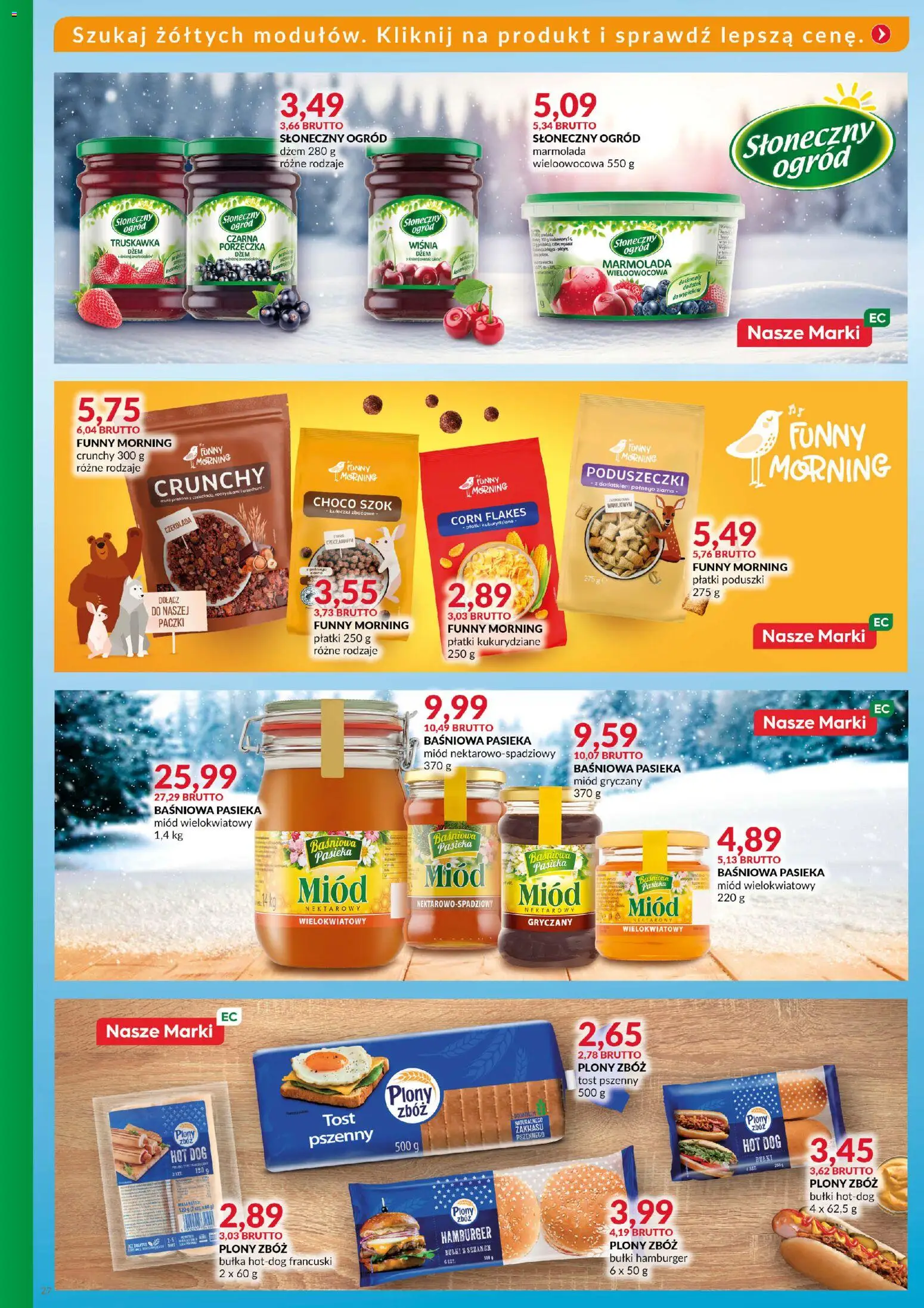 Eurocash Gazetka - Katalog Artykułów Spożywczych od 14.12.2025 | Strona: 27 | Produkty: Miód, Hamburger, Płatki kukurydziane, Bułka