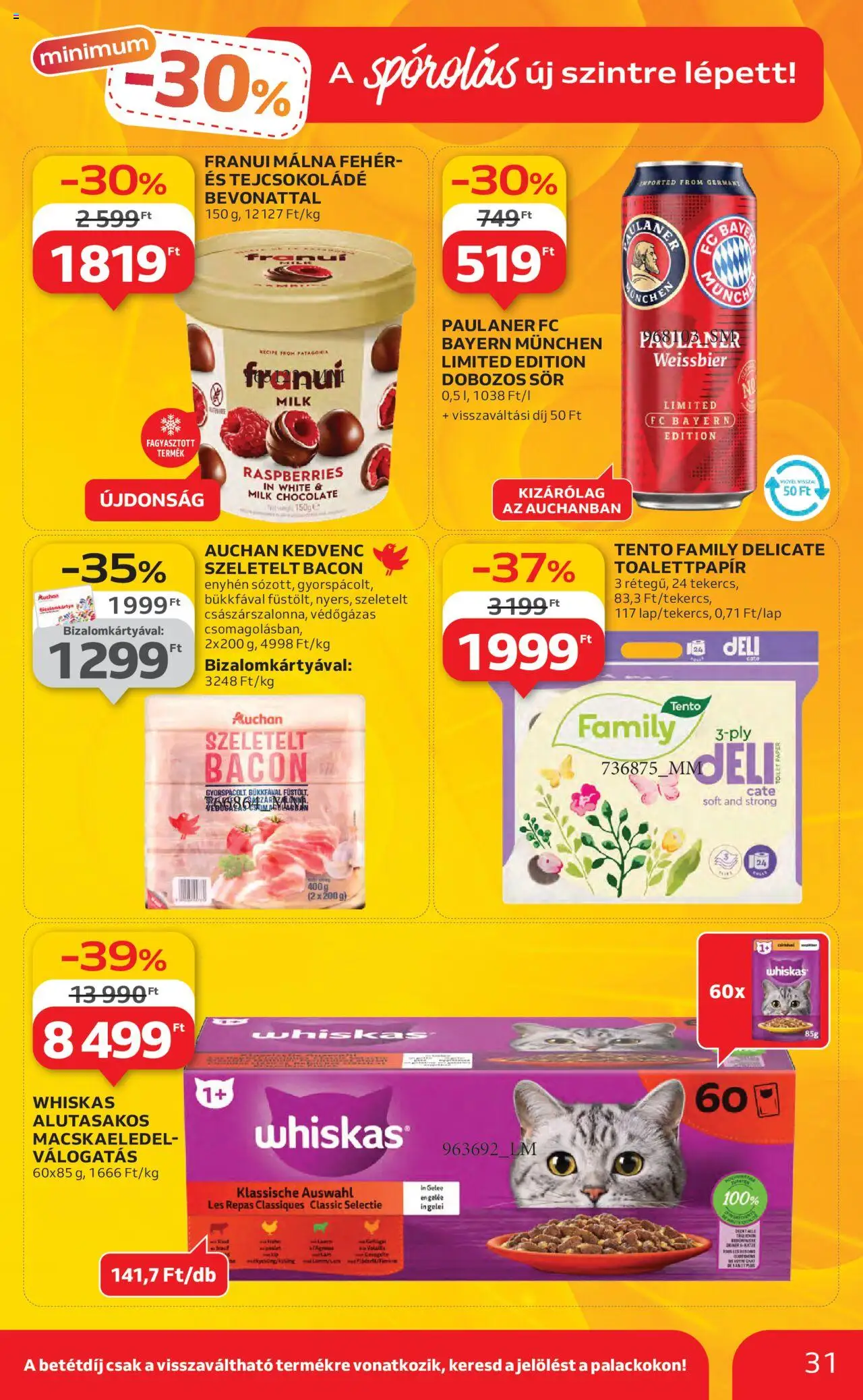 Auchan akciós ujság - amely érvényes a következő dátumtól: 14.08.2025 | Oldal: 31 | Termékek: Málna, Macskaeledel, Bacon, Dobozos sör