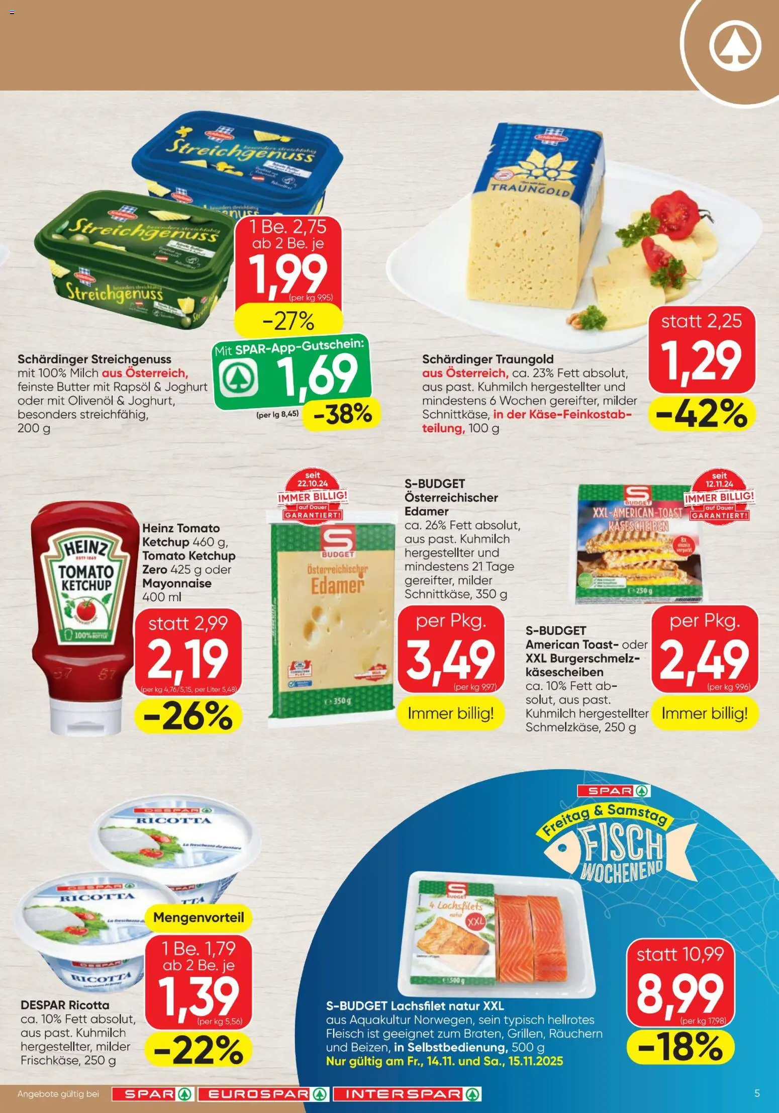 Spar Flugblatt gültig ab 13.11.2025 | Seite: 5 | Produkte: Ketchup, Mayonnaise, Joghurt, Fisch