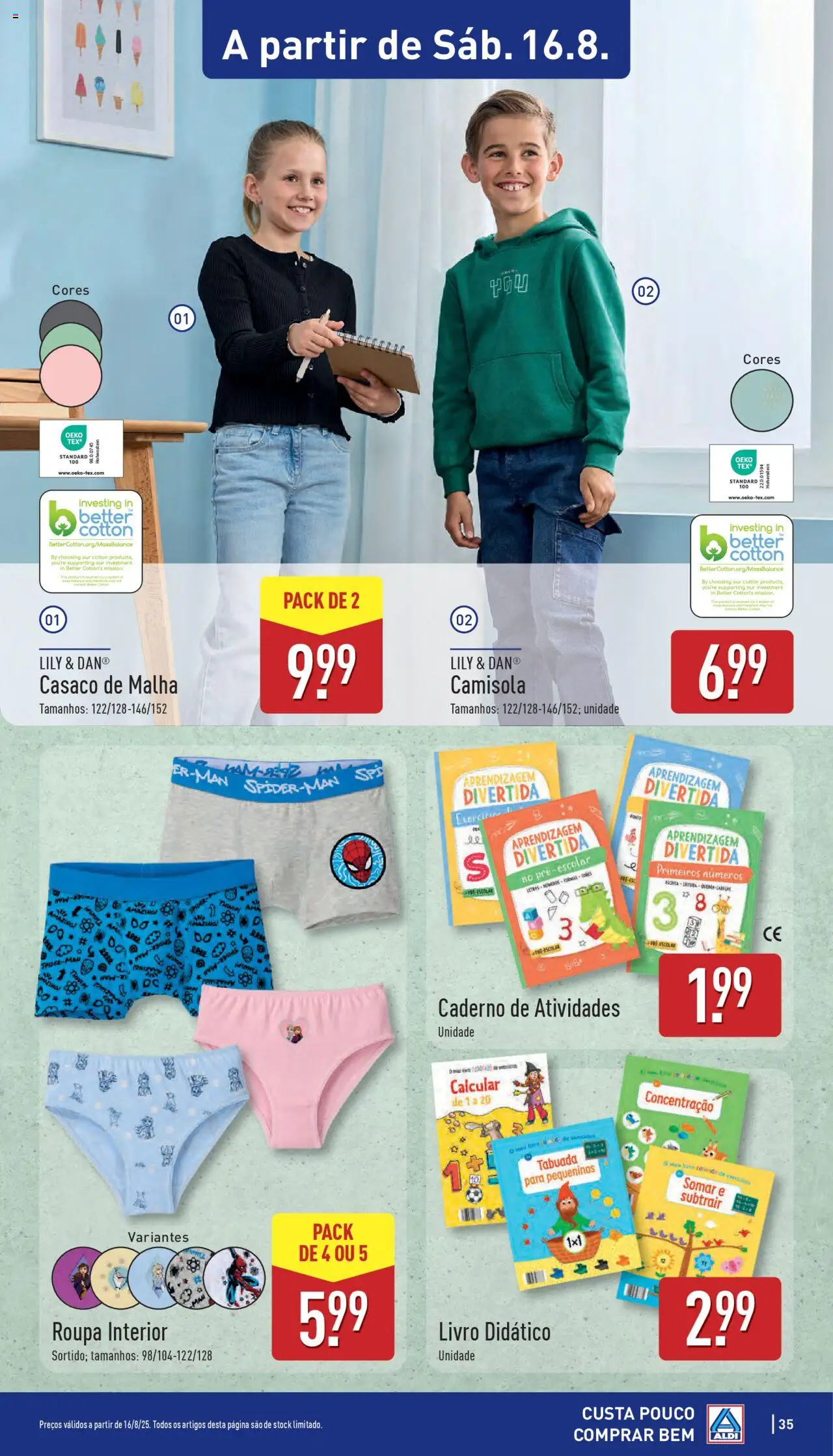 Aldi folheto │ válido de 11.08.2025 | Página: 35 | Produtos: Caderno, Casaco, Roupa interior, Camisola