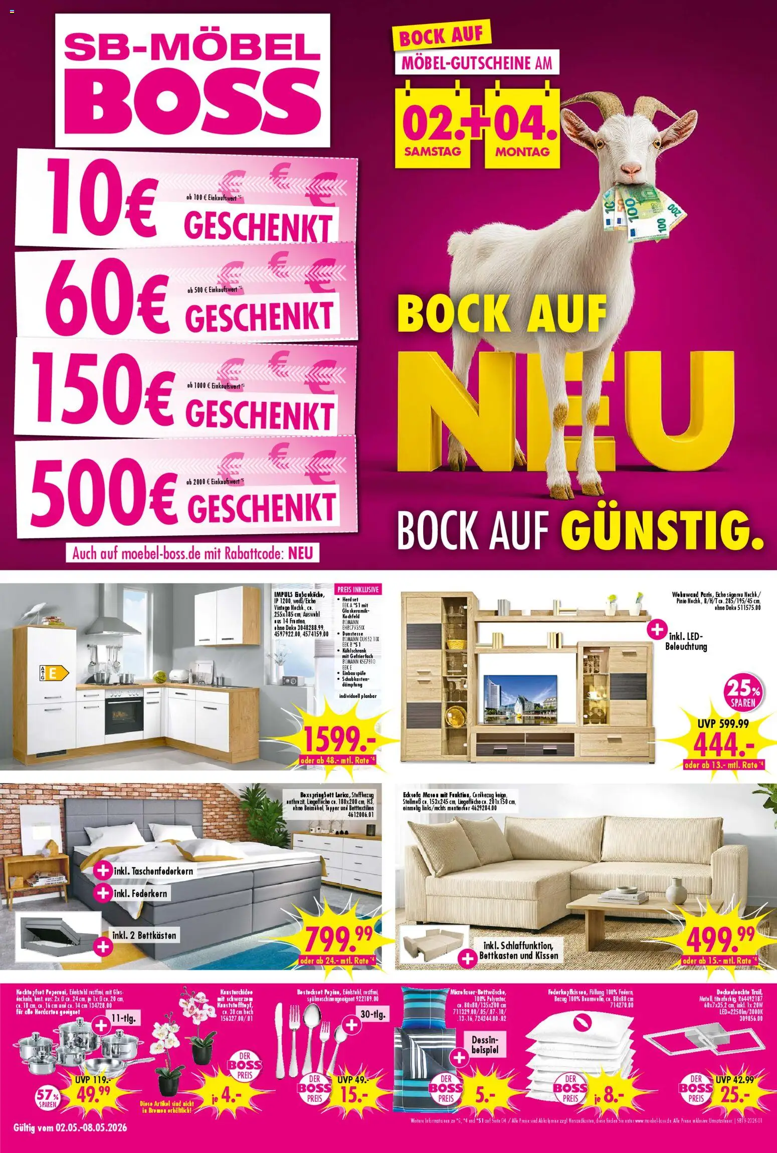 SB Möbel Boss Prospekt Alte Messe Leipzig – gültig ab 01.05.2026 | Seite: 1 | Produkte: Herd, Ecksofa, Wohnwand, Kochfeld