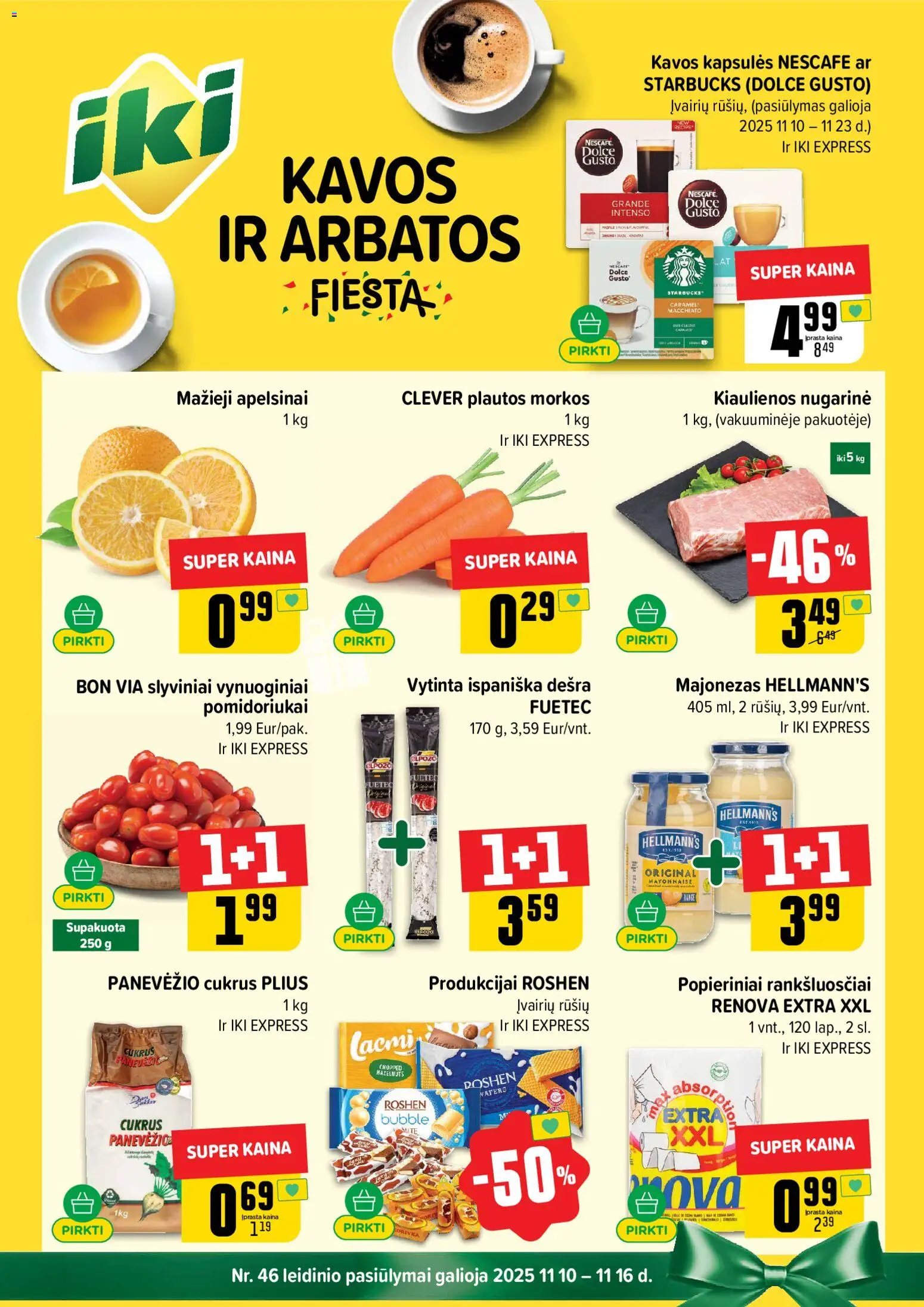 IKI akcijos nuo 10.11.2025 | Puslapis: 1 | Prekių: Kiaulienos, Apelsinai, Cukrus, Morkos