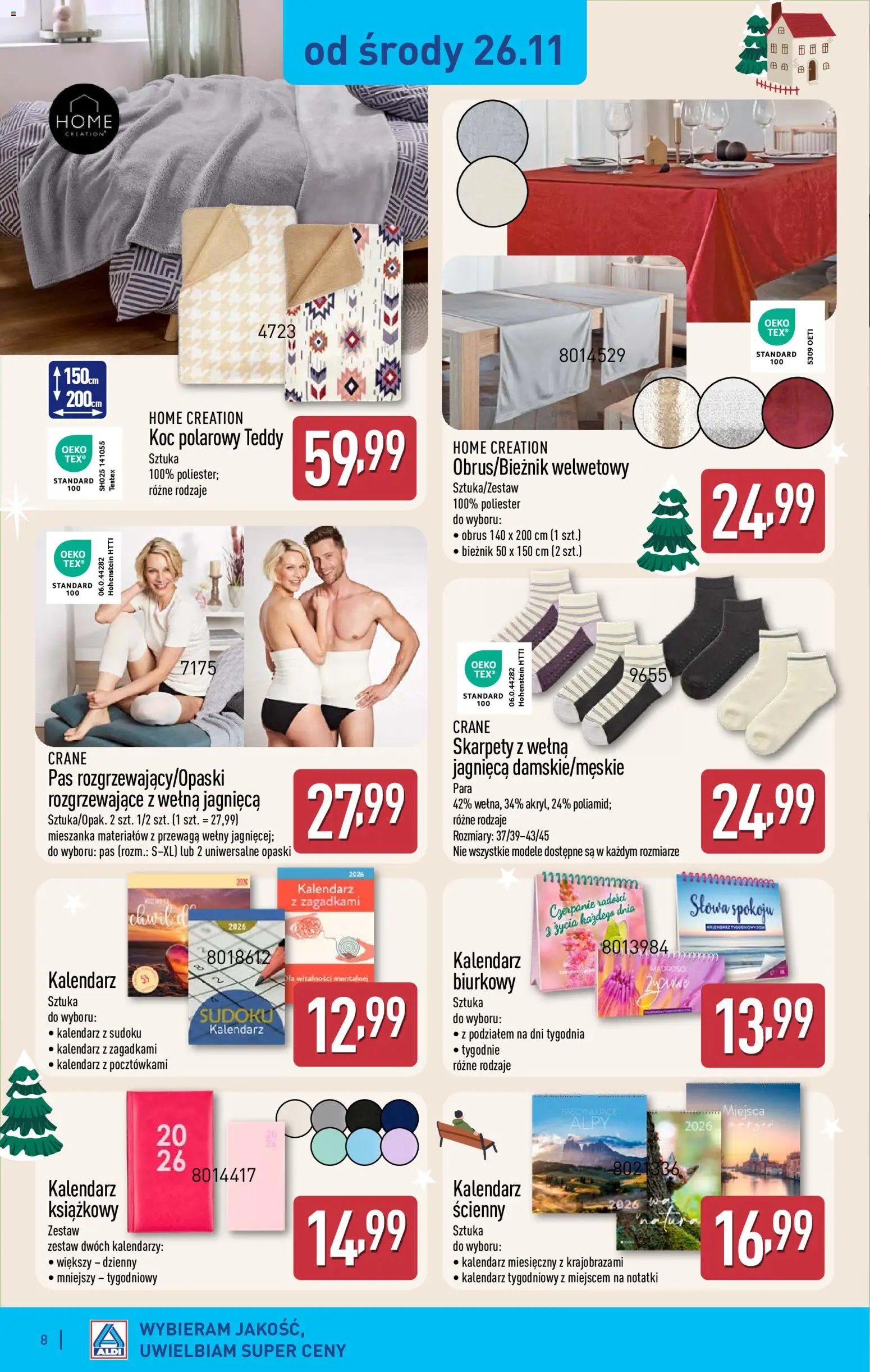 Aldi Gazetka - Hity od Środy i od Soboty od 26.11.2025 | Strona: 8 | Produkty: Skarpety, Kalendarz, Koc