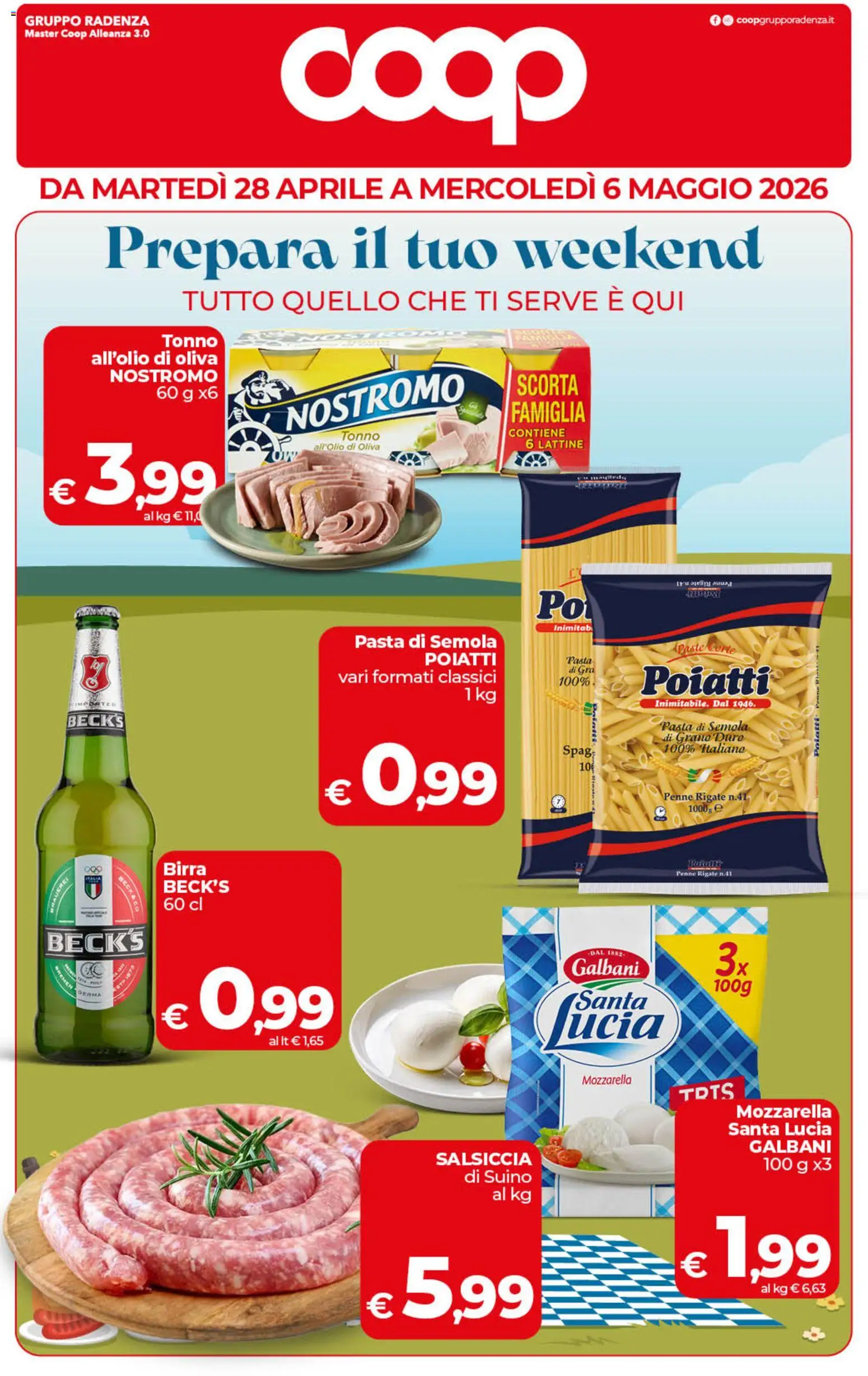 Volantino COOP del 28.04.2026 | Pagina: 1 | Prodotti: Suino, Mozzarella, Salsiccia, Pasta
