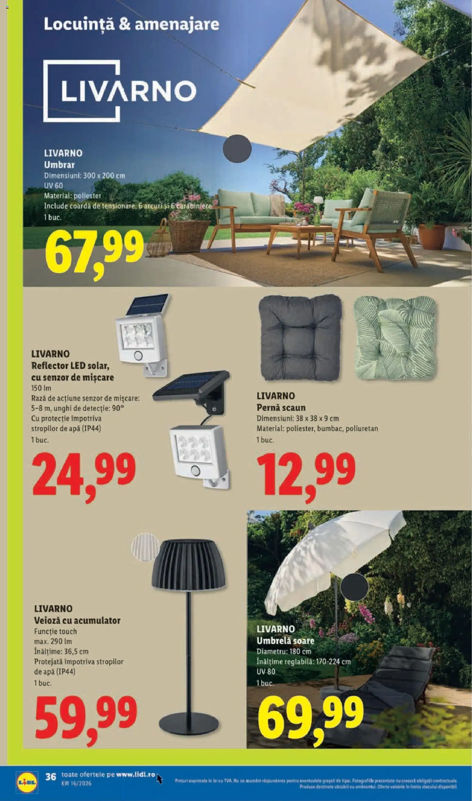 Noul catalog Lidl – valabil de la 14.04.2026 | Pagină: 36 | Produse: Scaun, Babak, Veioză, Apă