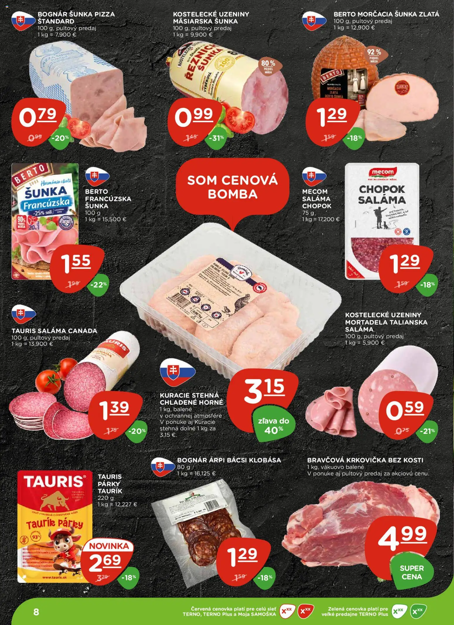 Nové Terno akcie – leták je platný od 13.11.2025 | Strana: 8 | Produkty: Pizza, Klobása, Krkovička, Párky