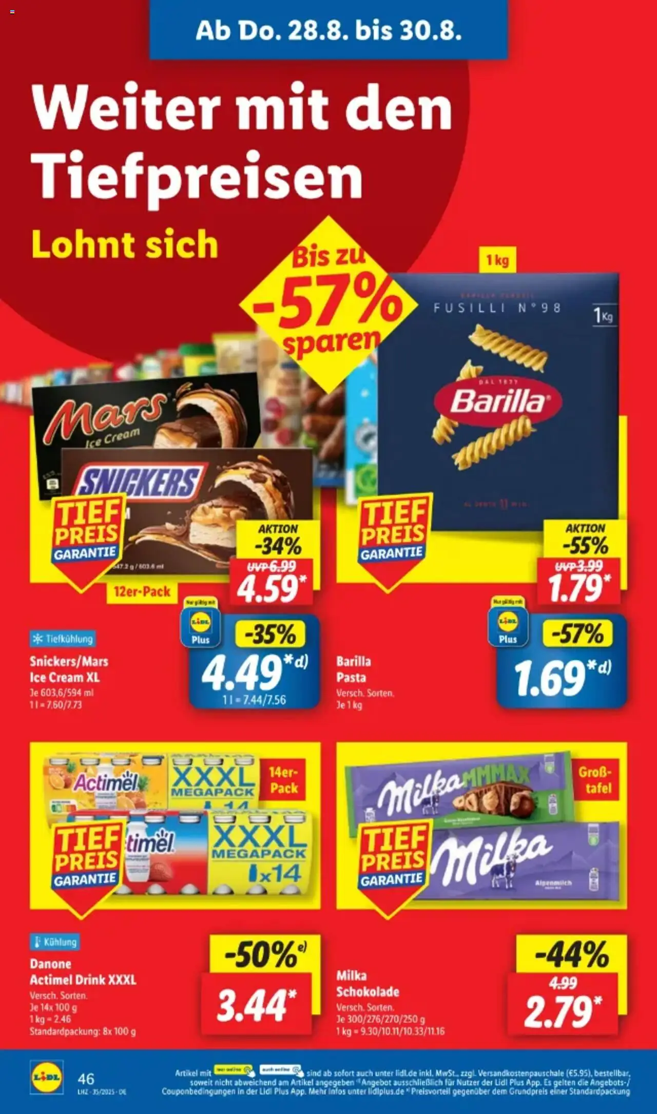 Lidl Prospekt 	 - gültig ab dem 25.08.2025 | Seite: 62 | Produkte: Actimel, Barilla, Milka, Snickers