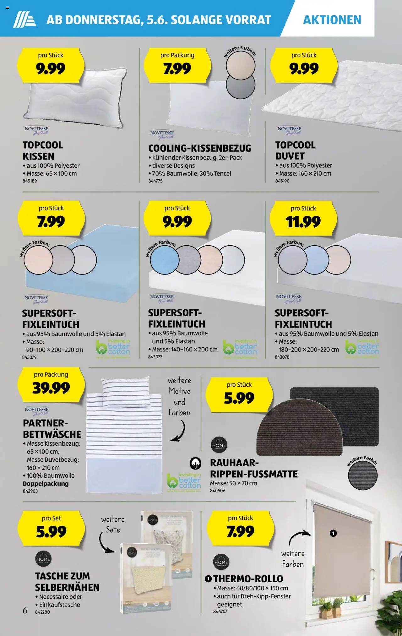 Aldi Aktionen ab 05.06.2025 | Seite: 6 | Produkte: Kissen, Tasche, Bettwäsche