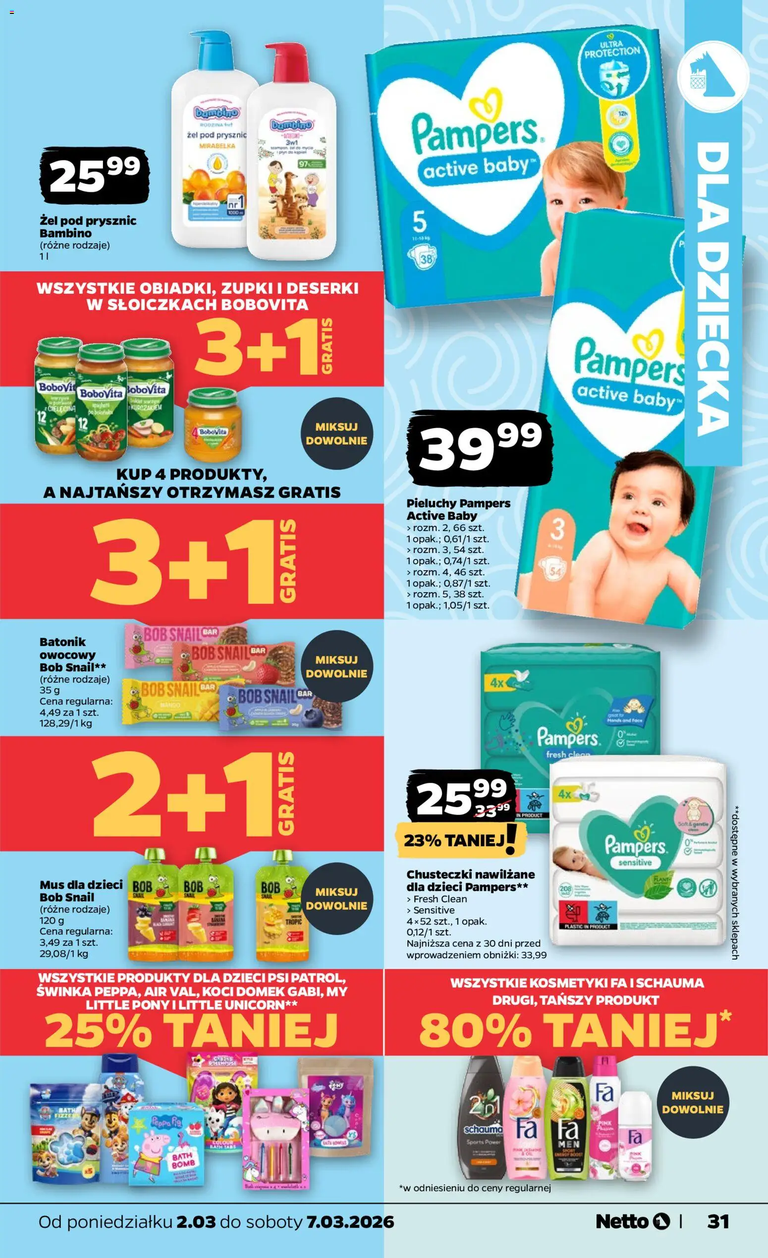 Netto gazetka od poniedziałku spożywcza od 02.03.2026 | Strona: 31 | Produkty: Pieluchy Pampers Active Baby, Pampers, Bób, Żel pod prysznic