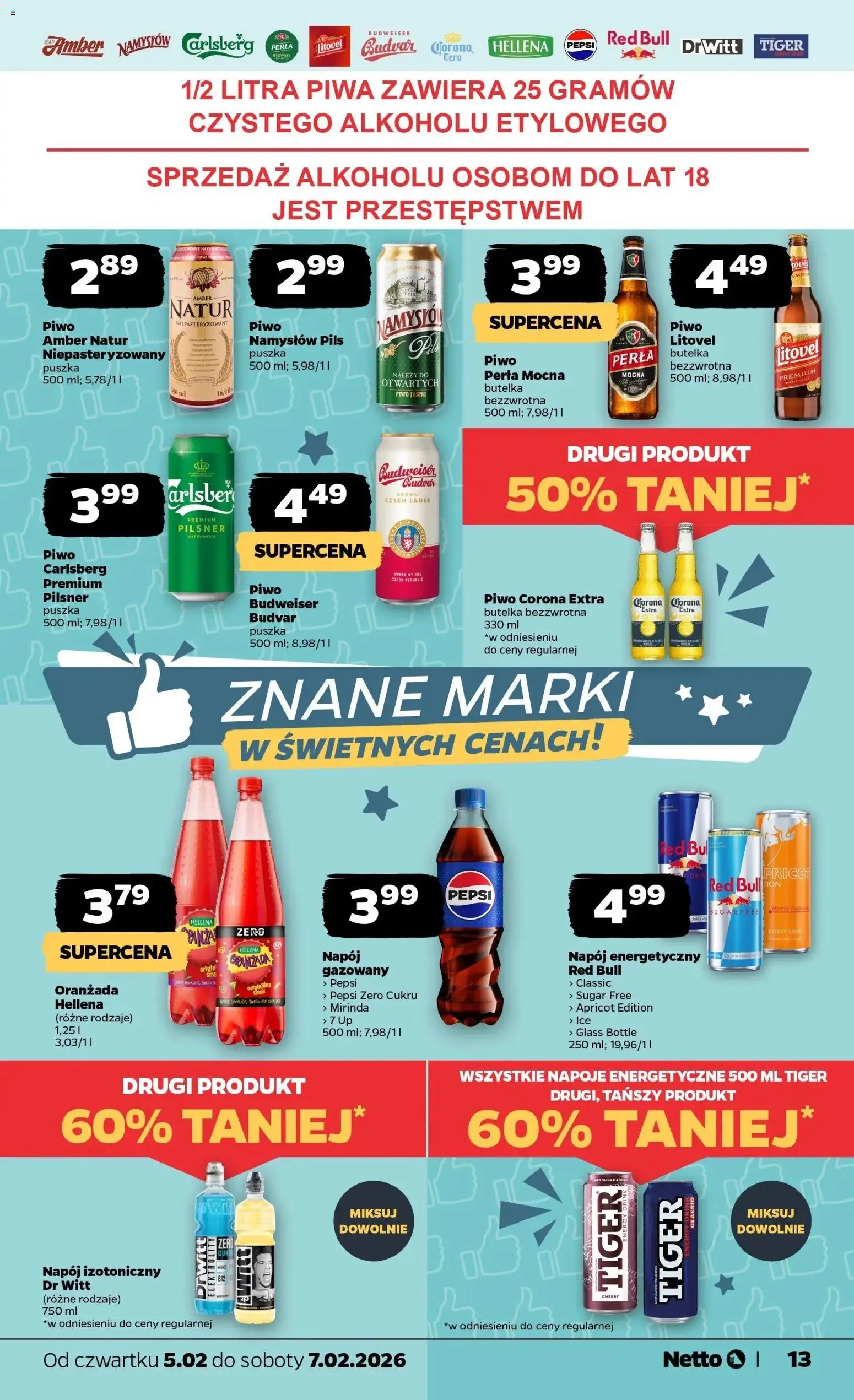 Netto gazetka - Spożywcza od 05.02.2026 | Strona: 13 | Produkty: Red bull, Napoje, Piwo perła, Piwo