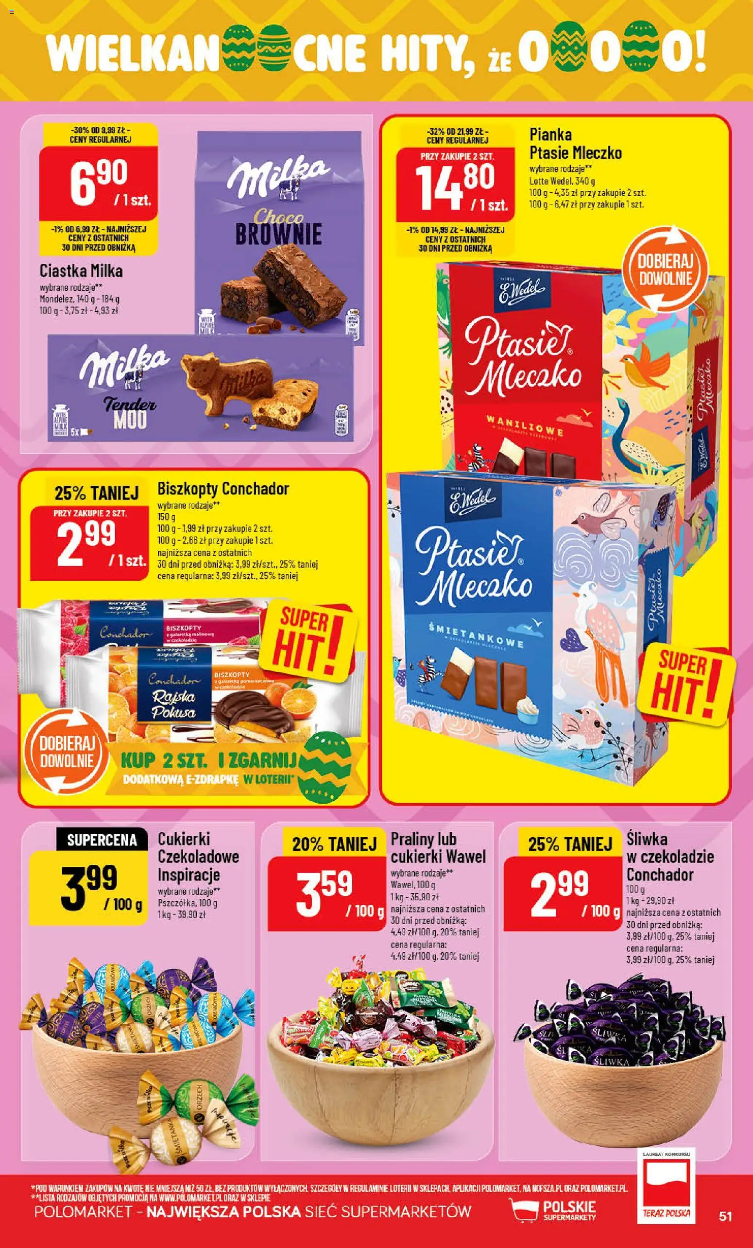 POLOmarket gazetka od 01.04.2026 | Strona: 51 | Produkty: Galaretka, Praliny, Ptasie mleczko, Brownie