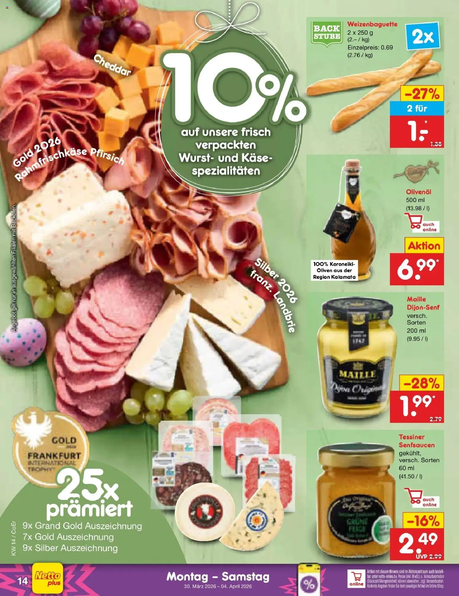 Netto Marken-Discount Prospekt Jena-Lobeda	 – gültig ab 30.03.2026 | Seite: 16 | Produkte: Käse, Olivenol, Wurst, Pfirsich