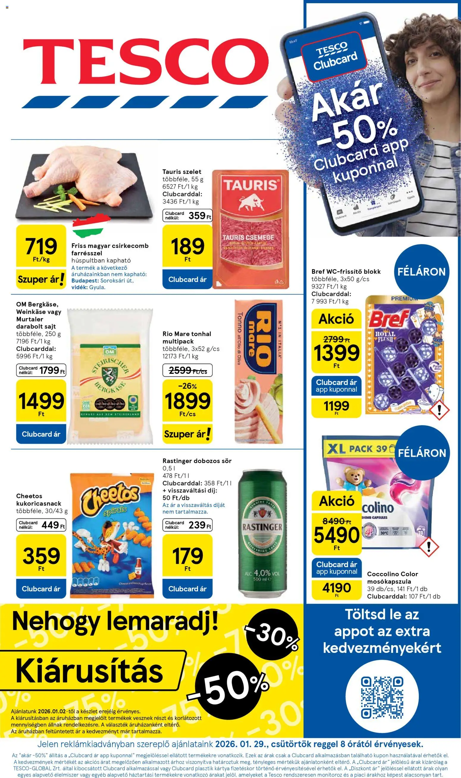 Tesco akciós ujság - amely érvényes a következő dátumtól: 29.01.2026 | Oldal: 1 | Termékek: Tonhal, Mosókapszula, Sör, Csirkecomb