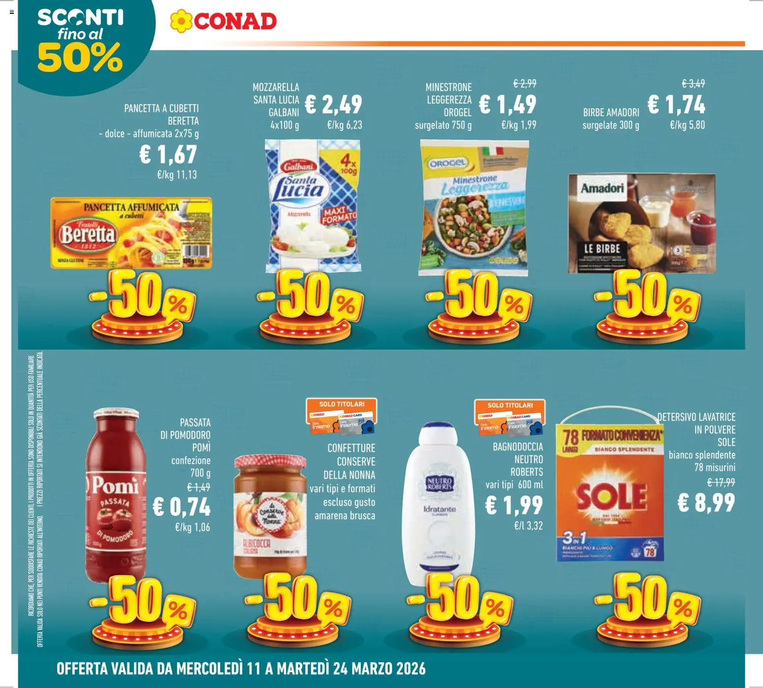 Volantino Conad del 11.03.2026 | Pagina: 8 | Prodotti: Minestrone, Mozzarella, Passata di pomodoro, Amarena