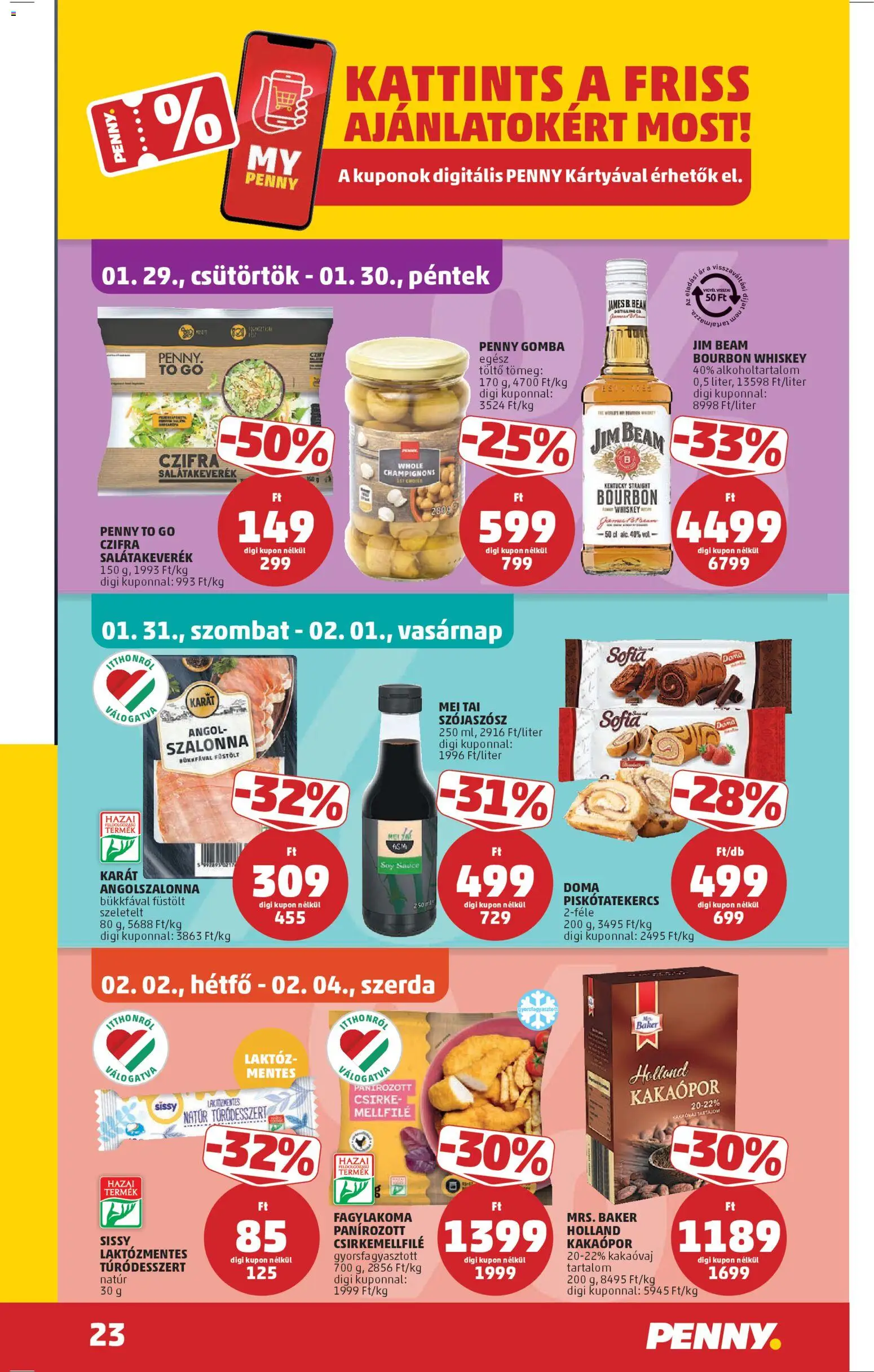 PENNY akciós ujság - amely érvényes a következő dátumtól: 29.01.2026 | Oldal: 27 | Termékek: Whiskey, Angolszalonna, Bacon, Töltő
