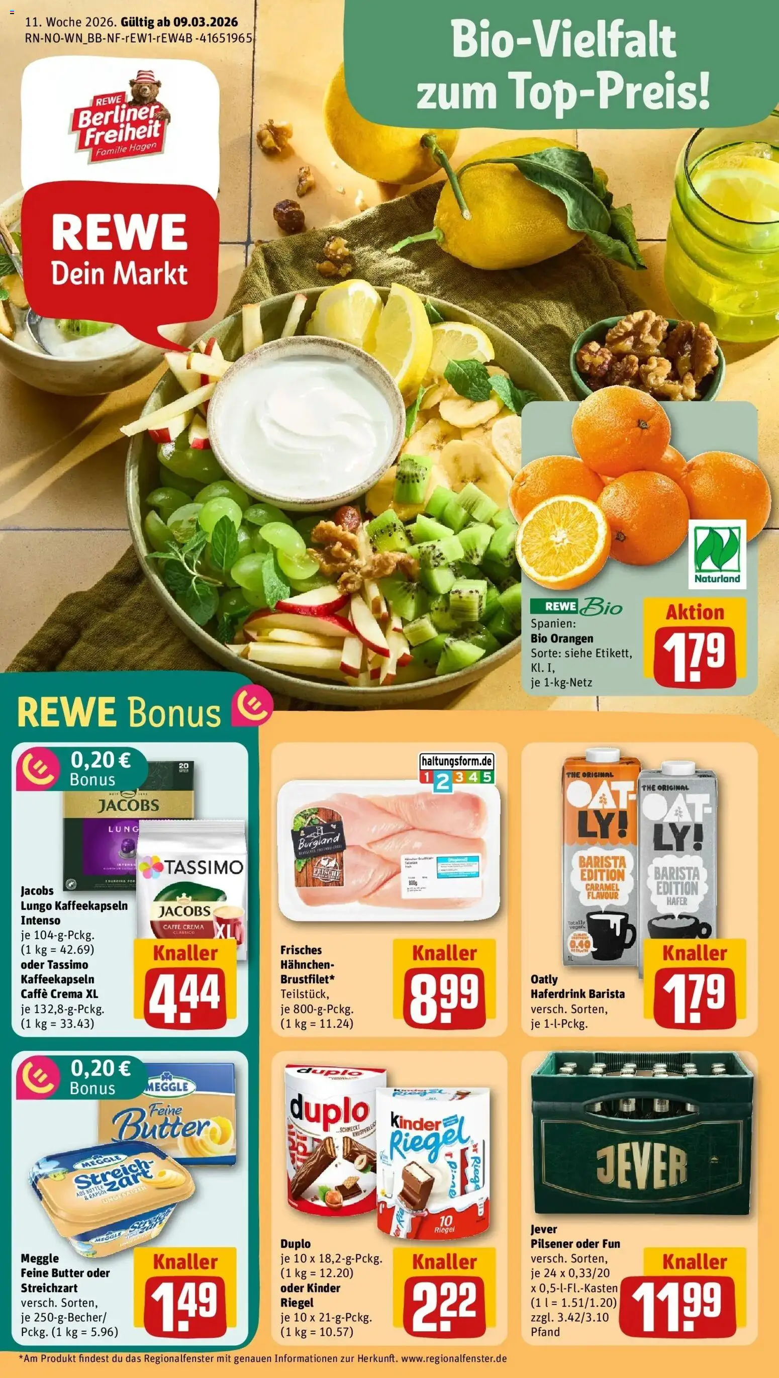 Rewe Prospekt Bremen / Vahr	 – gültig ab 09.03.2026 | Seite: 1 | Produkte: Berliner, Orangen, Kinder riegel, Oatly