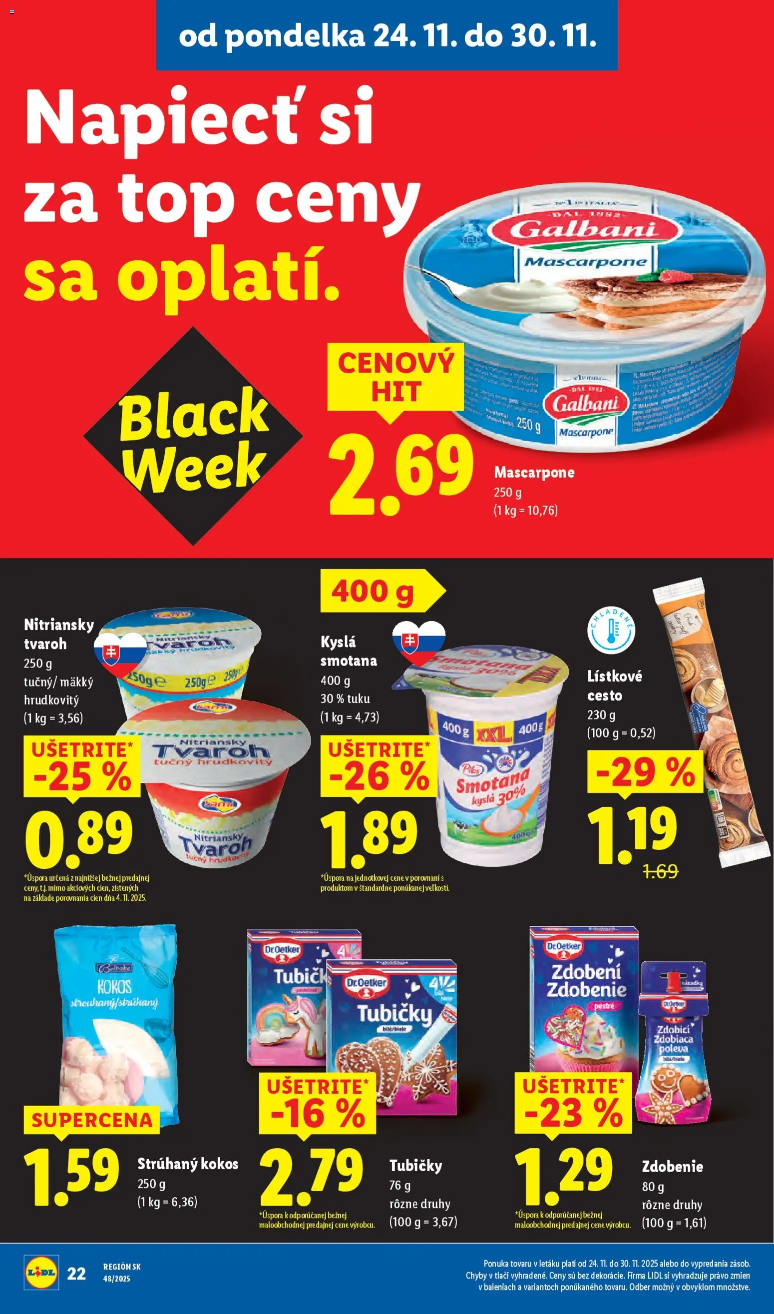 Nové Lidl akcie – leták je platný od 24.11.2025 | Strana: 24 | Produkty: Smotana, Lístkové cesto, Tvaroh, Mascarpone
