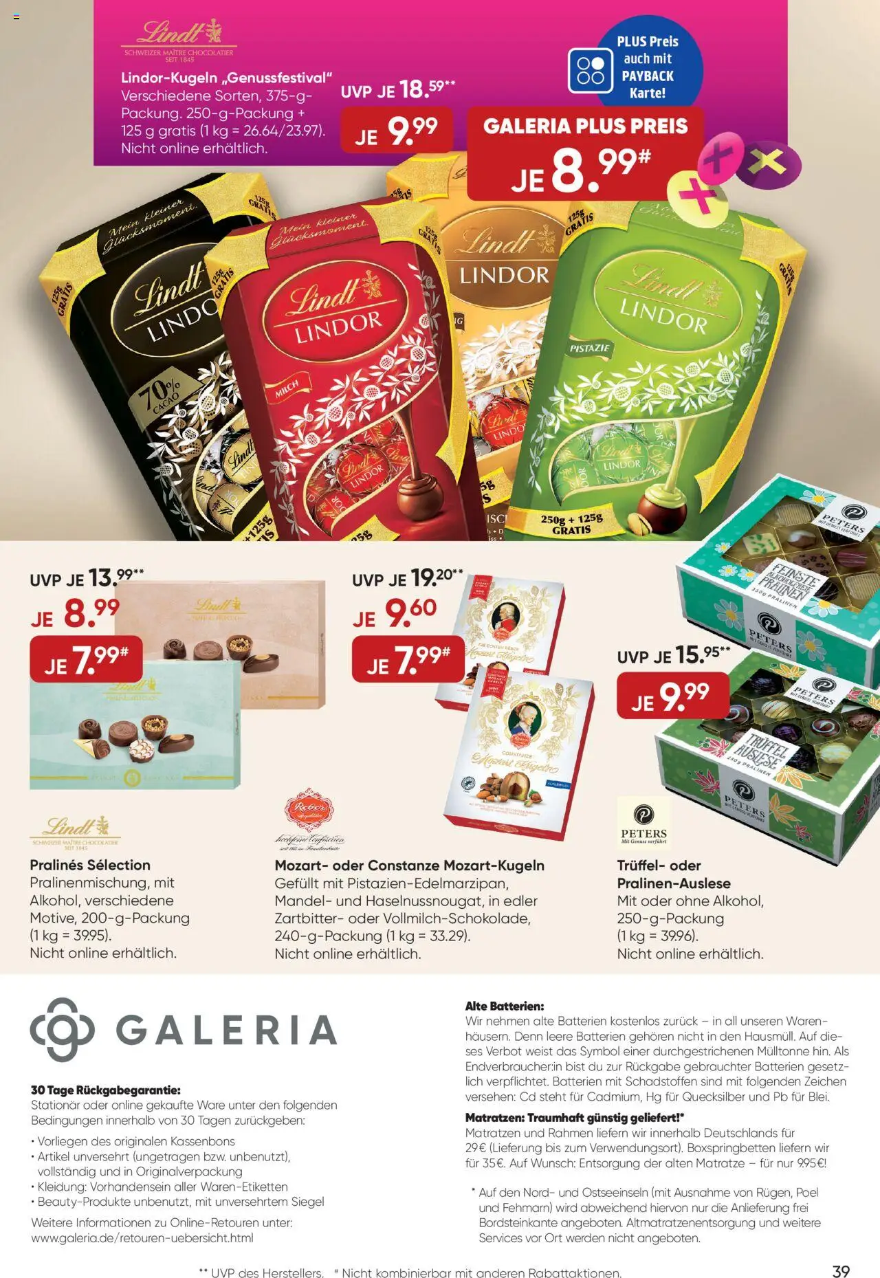 Galeria Karstadt Kaufhof Online-Prospekt – gültig ab 29.09.2025 | Seite: 39 | Produkte: Matratze, Batterien, Milch, Lindt