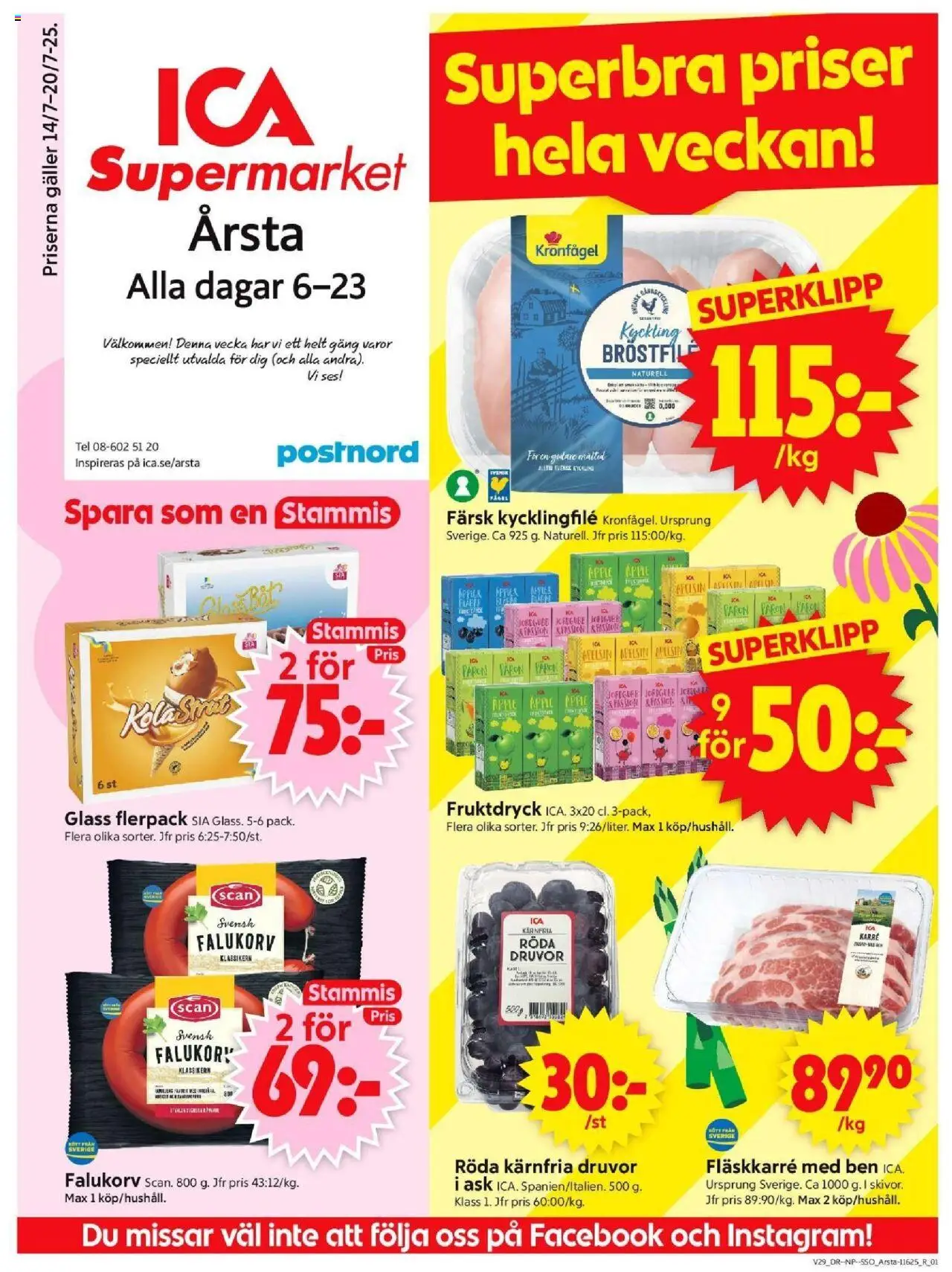 ICA Supermarket reklamblad aktuell från 14.07.2025 | Sida: 1 | Produkter: Kycklingfile, Falukorv, Äpple, Glass