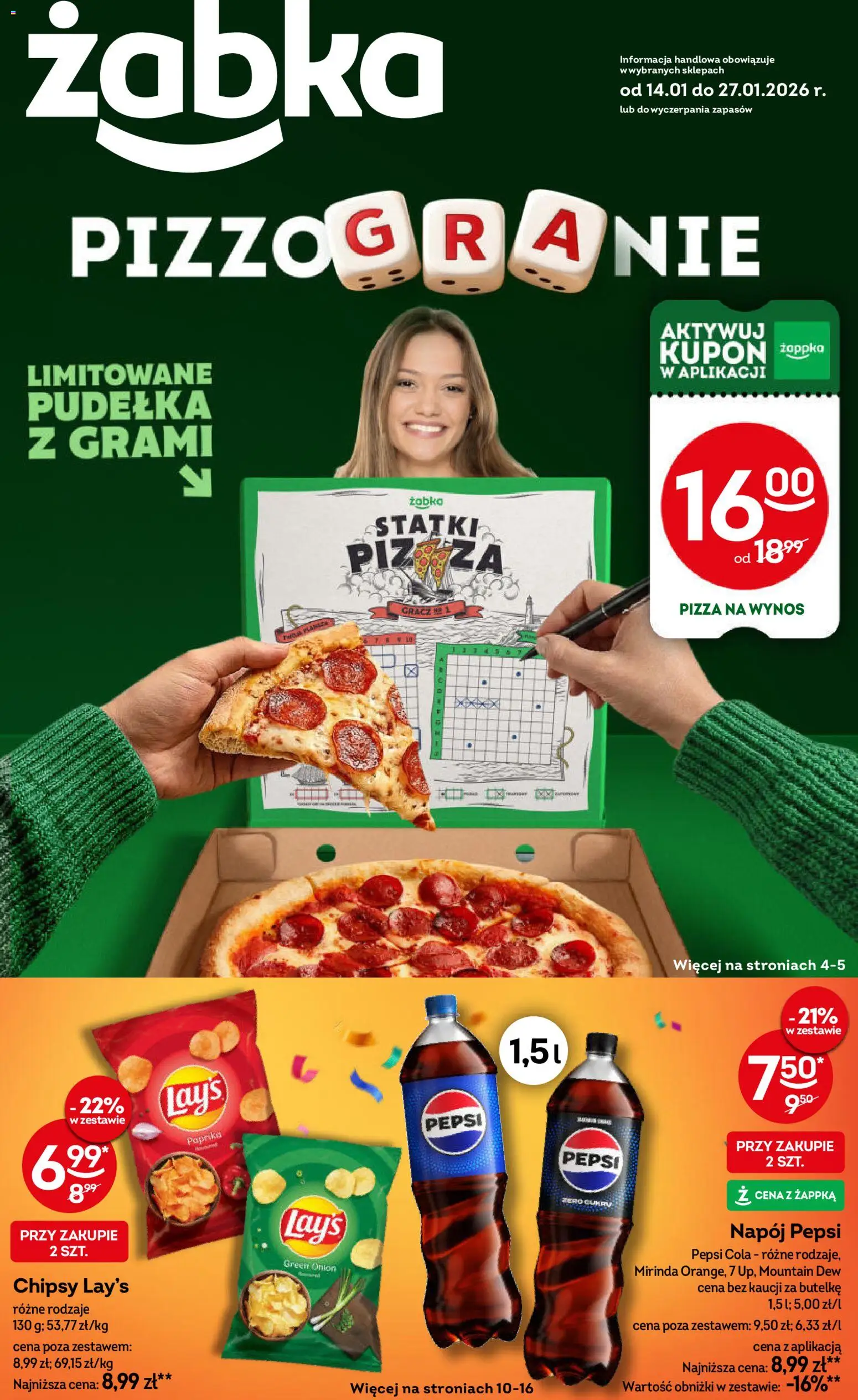 Żabka Gazetka od 14.01.2026 | Strona: 1 | Produkty: Chipsy, Gracz, Pepsi, Pizza