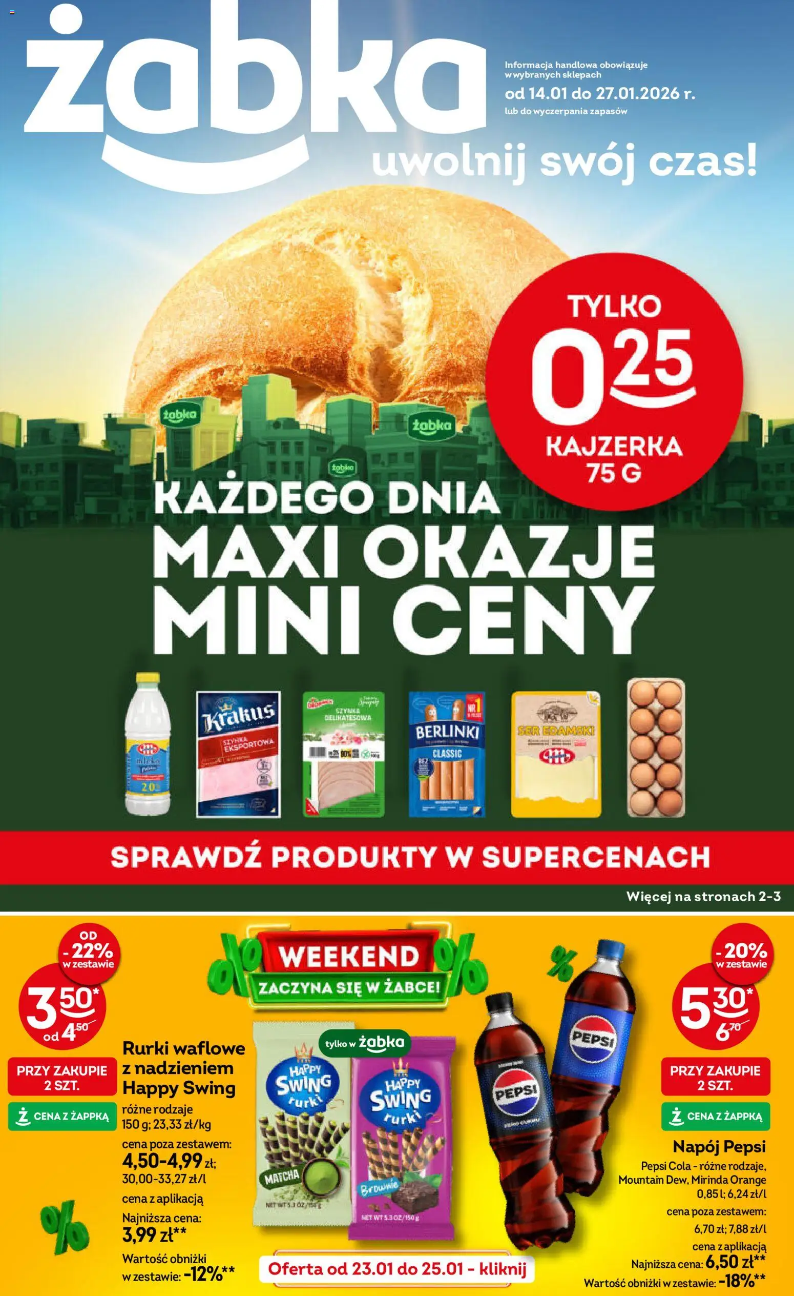 Żabka Gazetka od 14.01.2026 | Strona: 1 | Produkty: Chipsy, Gracz, Pepsi, Pizza