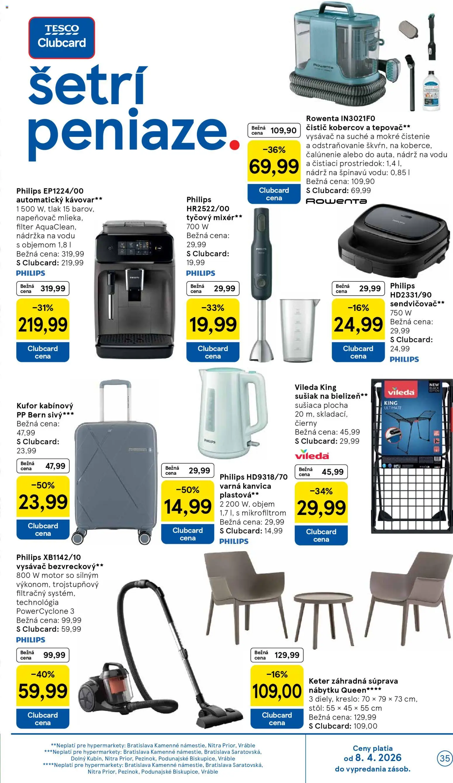 Nové Tesco akcie – leták je platný od 08.04.2026 | Strana: 35 | Produkty: Stôl, Automatický kávovar, Tepovač, Kávovar