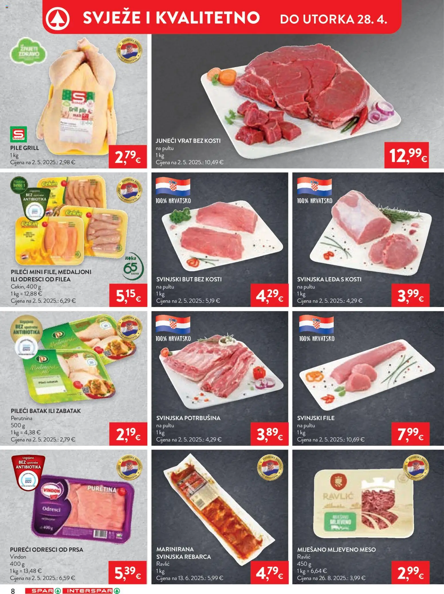 Spar katalog | vrijedi od 22.04.2026 | Stranica: 8 | Proizvodi: Puretina, Meso, Mljeveno meso, Svinjski file