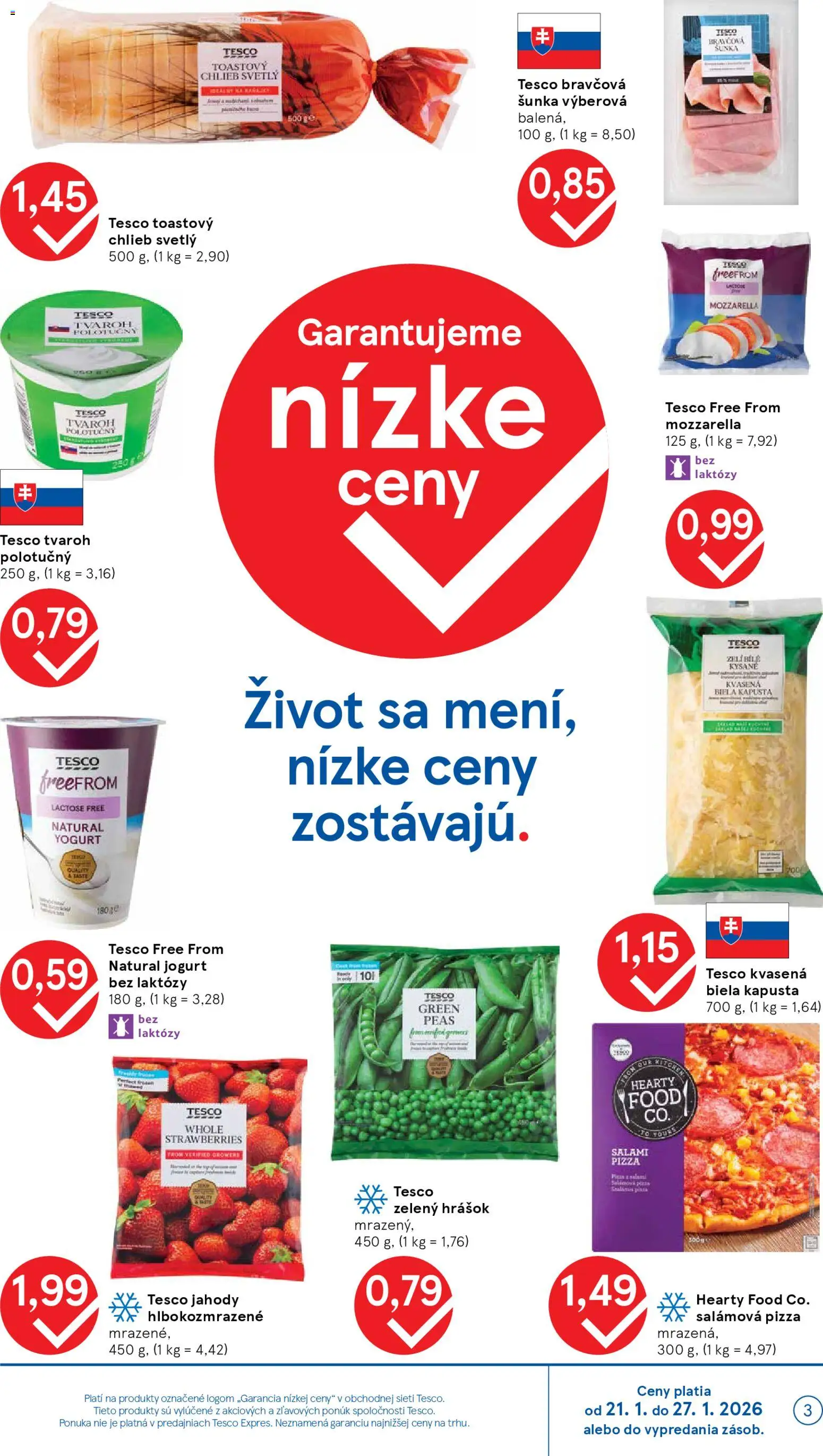 Nové Tesco akcie – leták je platný od 21.01.2026 | Strana: 3 | Produkty: Šunka, Hrášok, Jahody, Tvaroh